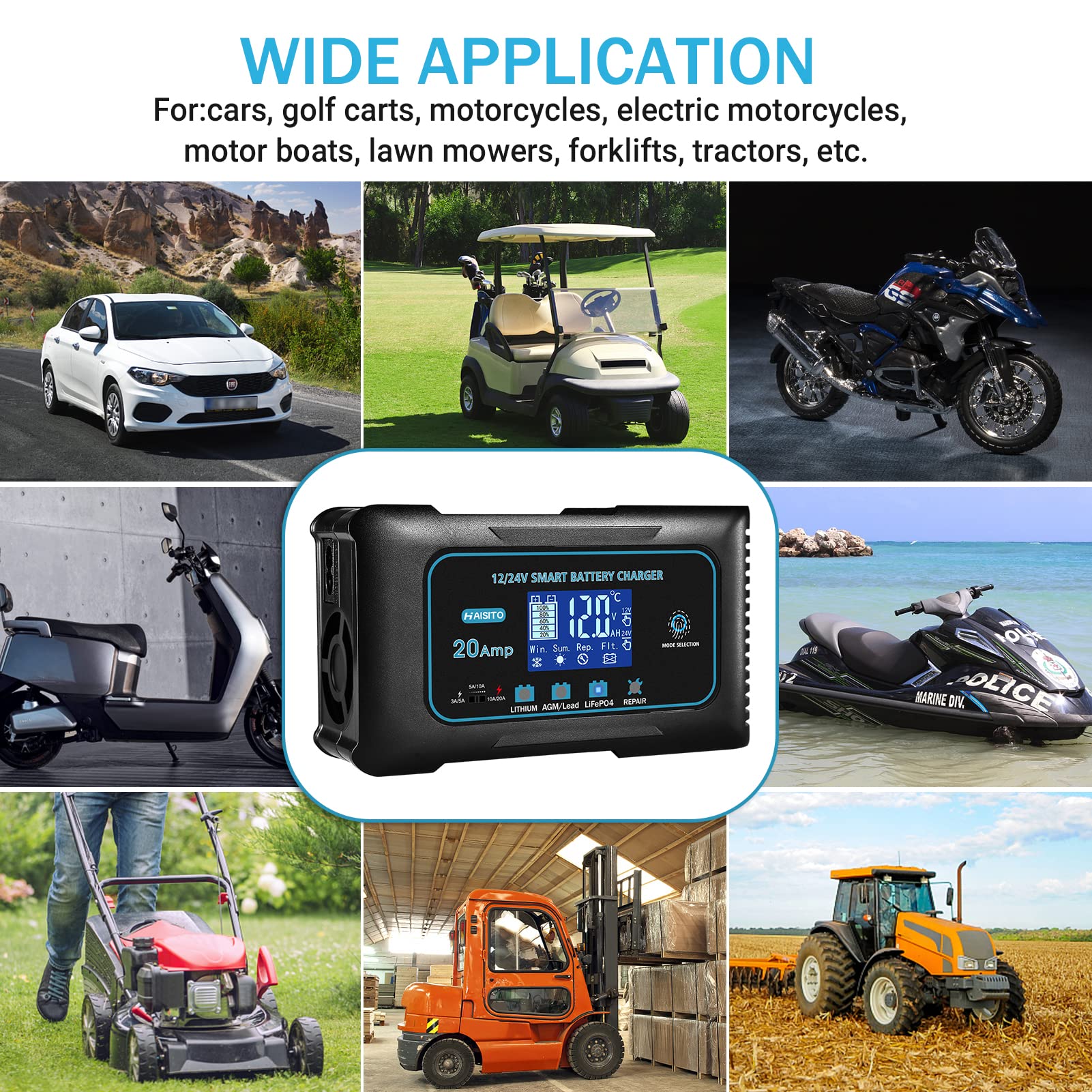 20 Amp Lithium Battery Charger, 12V And 24V Lifepo4,Lead-Acid(Agm/Gel/Sla..) Portable Car Battery Charger,Battery Maintainer, Trickle Charger, And Battery Desulfator For Car,Boat,Motorcycle…