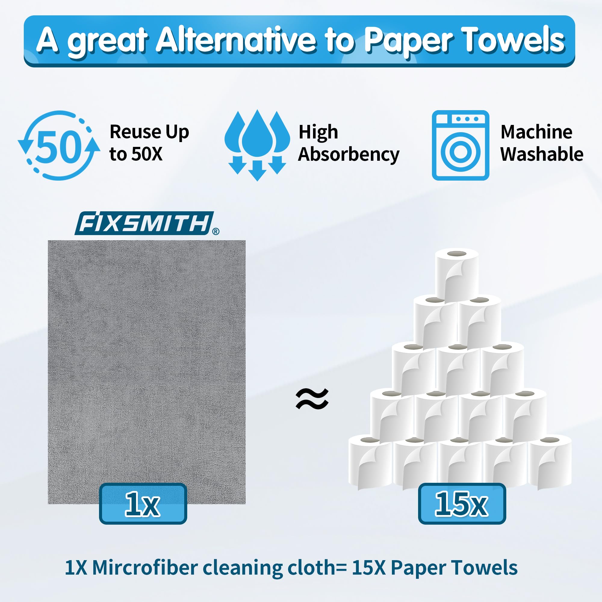 Fixsmith Grey Microfiber Cleaning Cloth, Pack Of 50, 16''X12'' Cleaning Rags For Housekeeping And Kitchen, Reusable Shop Towels,