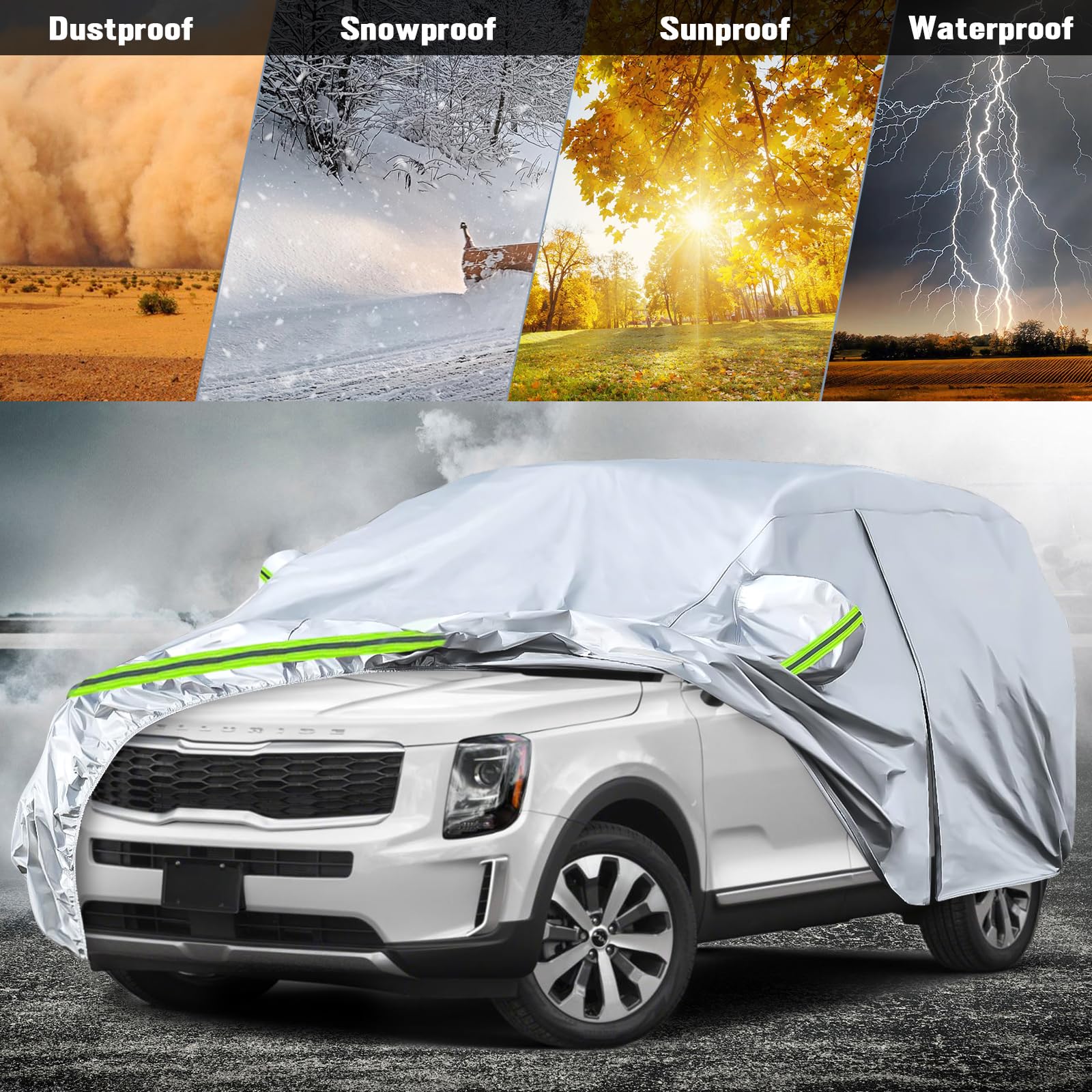 Waterproof Car Covers Replace For 2020-2024 Kia Telluride, 6 Layers Silver All Weather Car Cover With Zipper Door & Windproof Ba