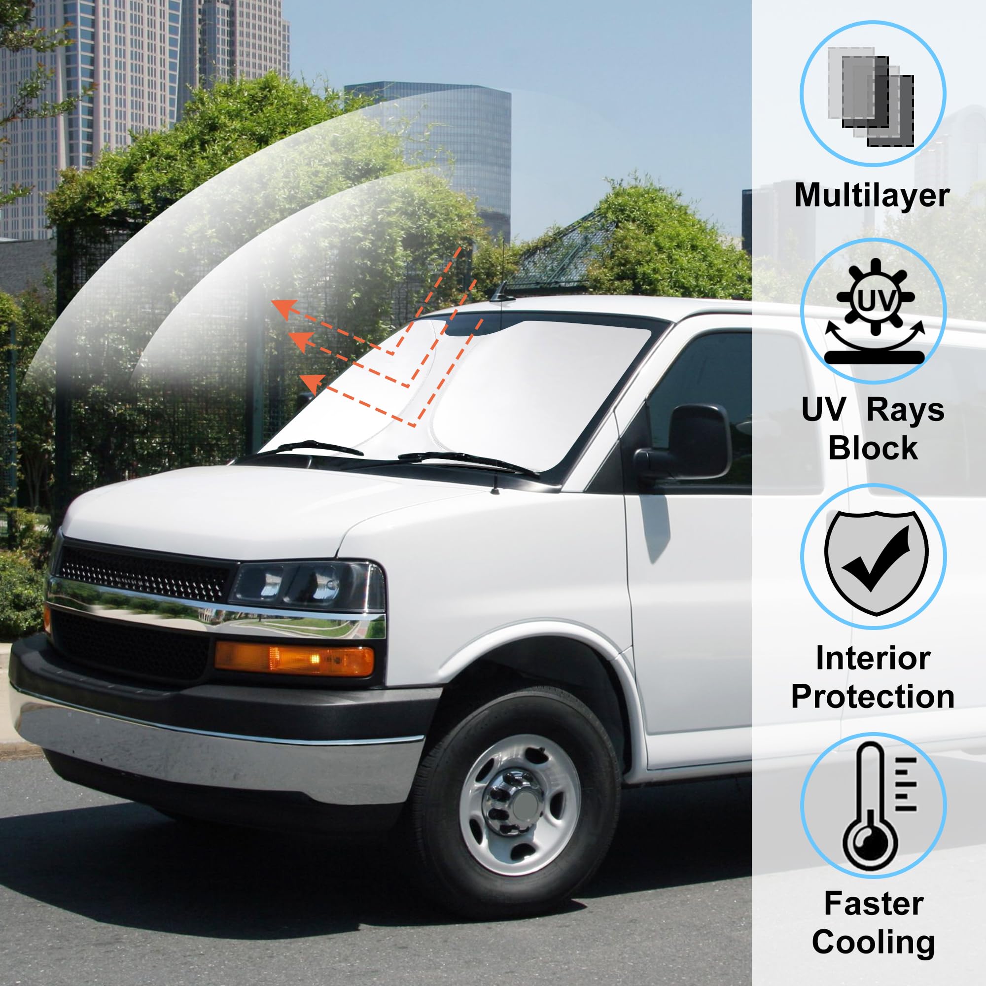 Windshield Sun Shade Compatible With 1996-2024 2025 Chevrolet Express Cargo Van 1500, 3500, 4500, Ls, Lt Winter Accessories Fold