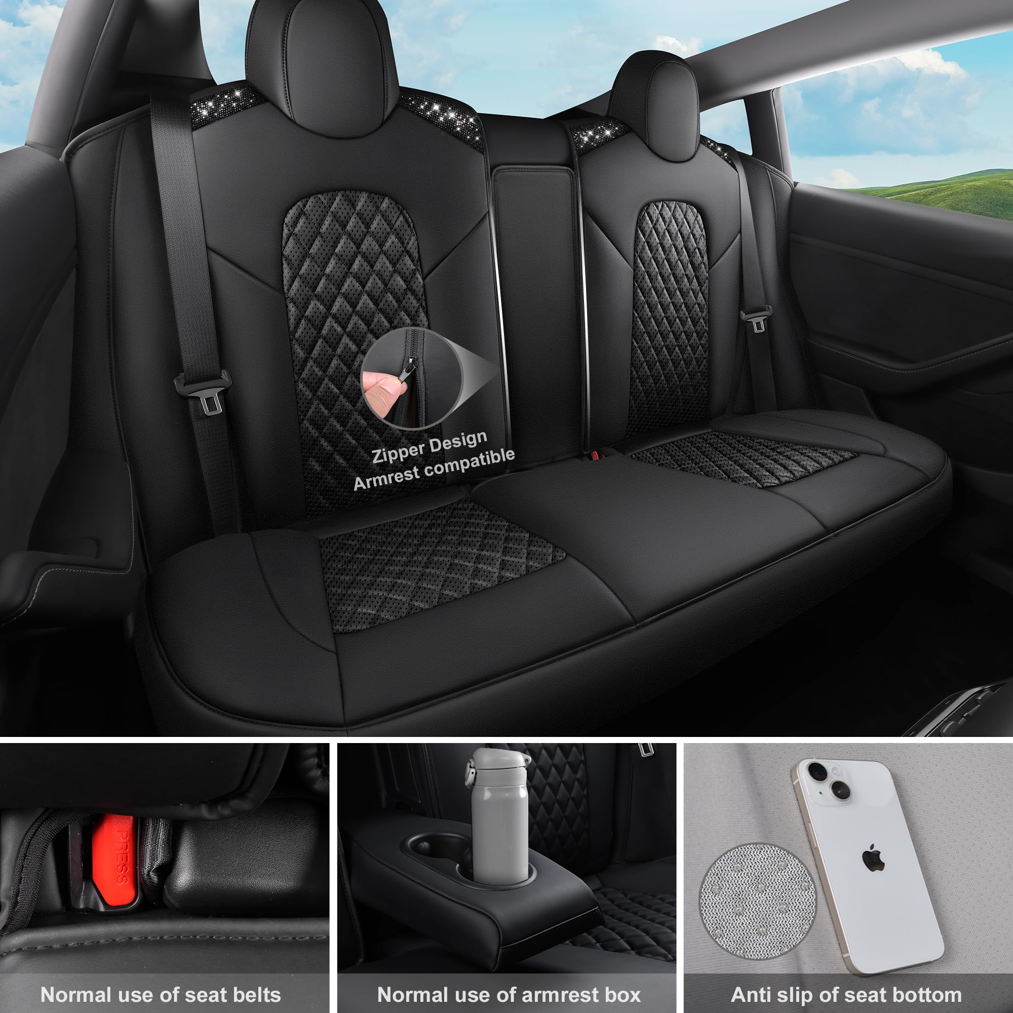 Car Pass Car Seat Covers For Tesla Model 3 Nappa Leather Bling Diamond Car Seat Protector Full Coverage Airbag Compatible Custom