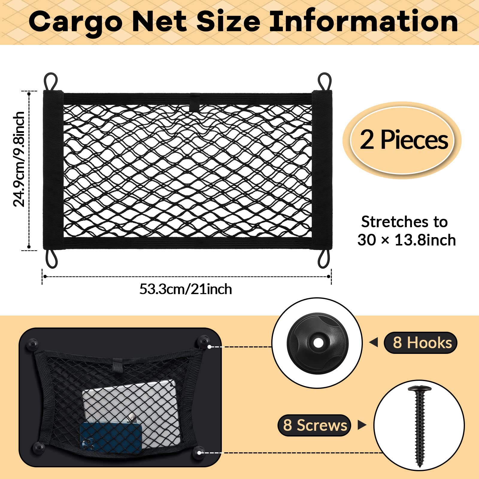 Frienda 2 Pieces Stretchable Small Cargo Net Pocket Storage Mesh Net Elastic Automotive Storage Pouch With 8 Pieces Mounting Scr