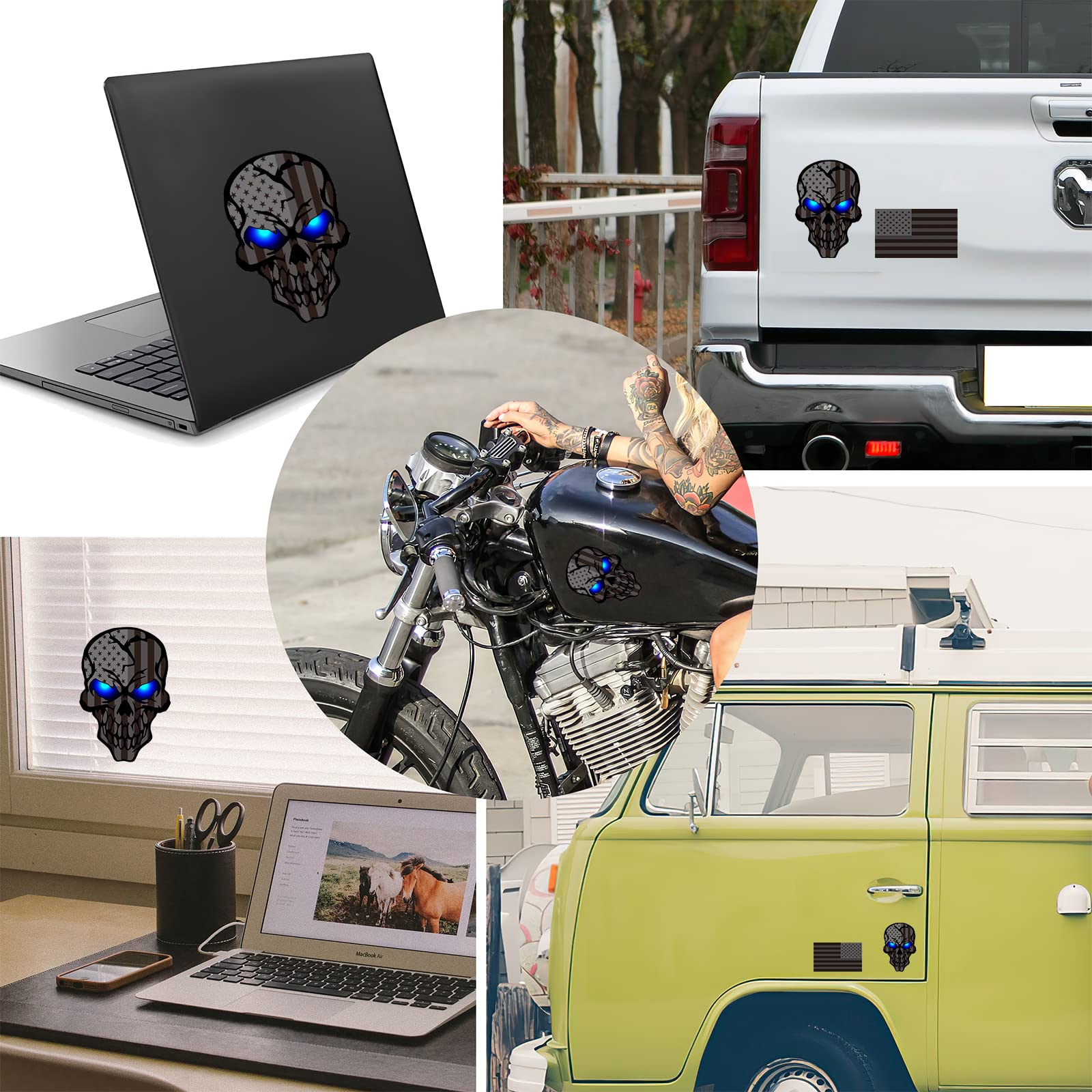 2 Pack 5.1''Reflective All Black American Flag Skulls Sticker, Skull Decal With Black Us Flags, Uv Fade Resistant Vinyl Car Flag