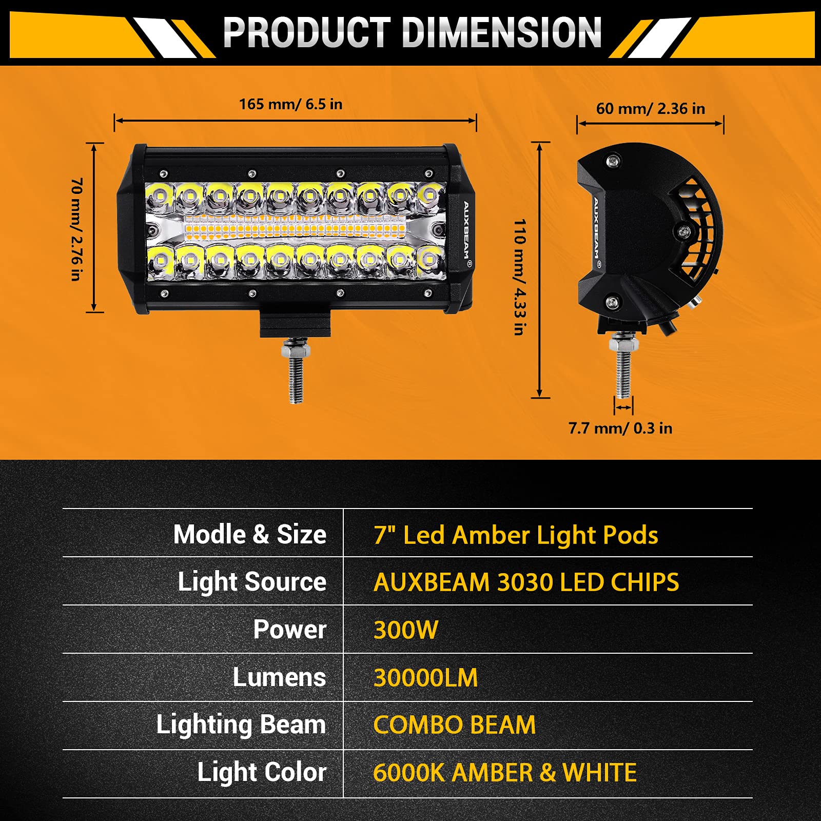 Auxbeam 7 Inch Led Light Bar 300W Amber White Light Pod 6 Modes Offroad Lighting Led Driving Light Spot Work Light Pod With Wiri