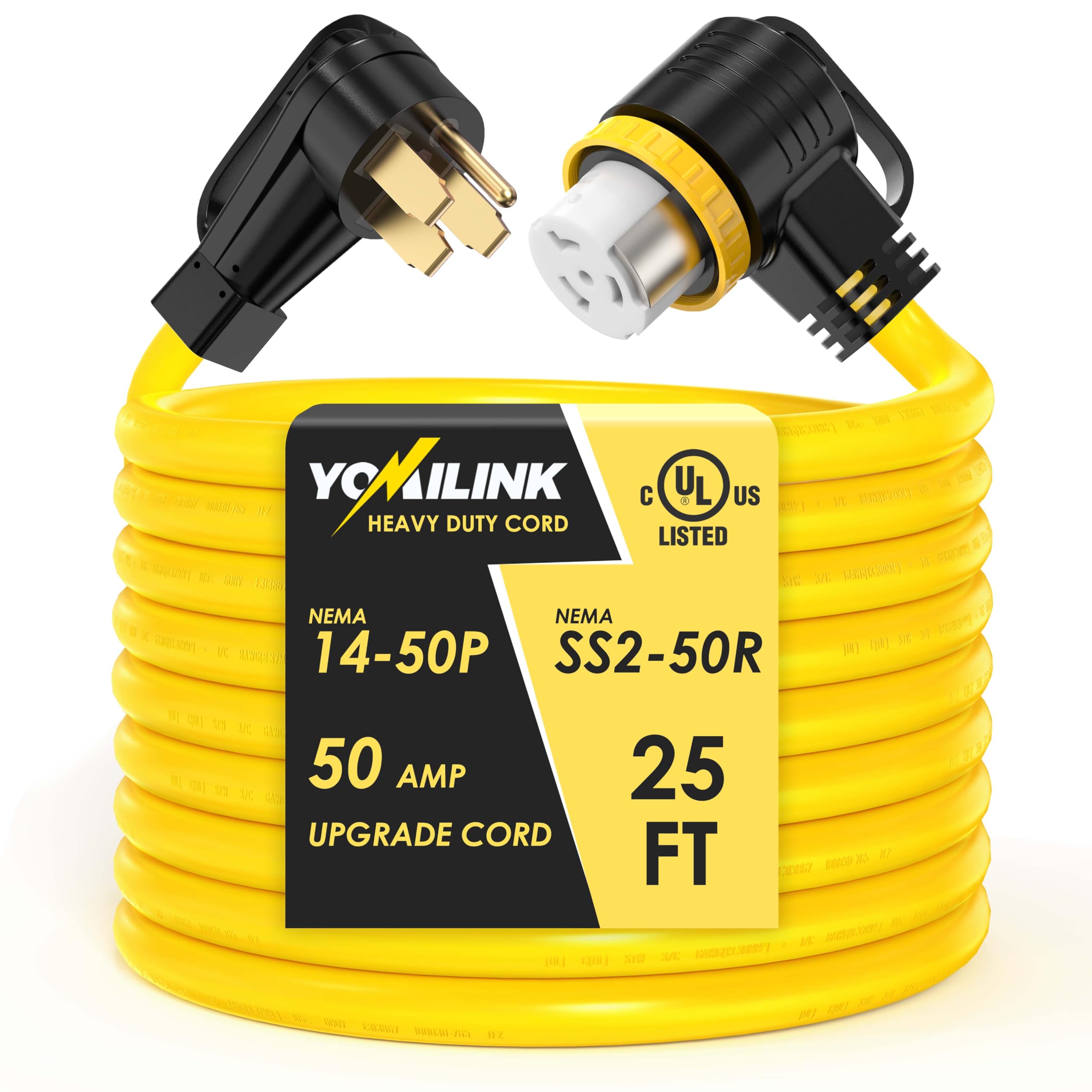 YOMILINK 25 Feet 50 Amp RV/Generator Cord, UL Listed, 100% Copper Wire, NEMA 14-50P to SS2-50R Twist Lock, Newly Designed 90Grip