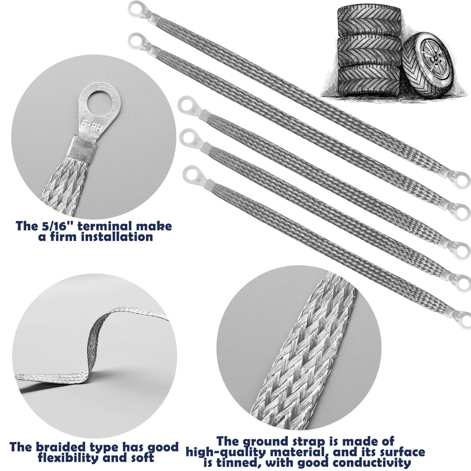 Ground Straps Automotive, 3Pcs 10'' x 1/2'' & 2 Pcs 13'' x 1/2'' Professional Vehicle Grounding Straps, Ground Engine Cable Stra