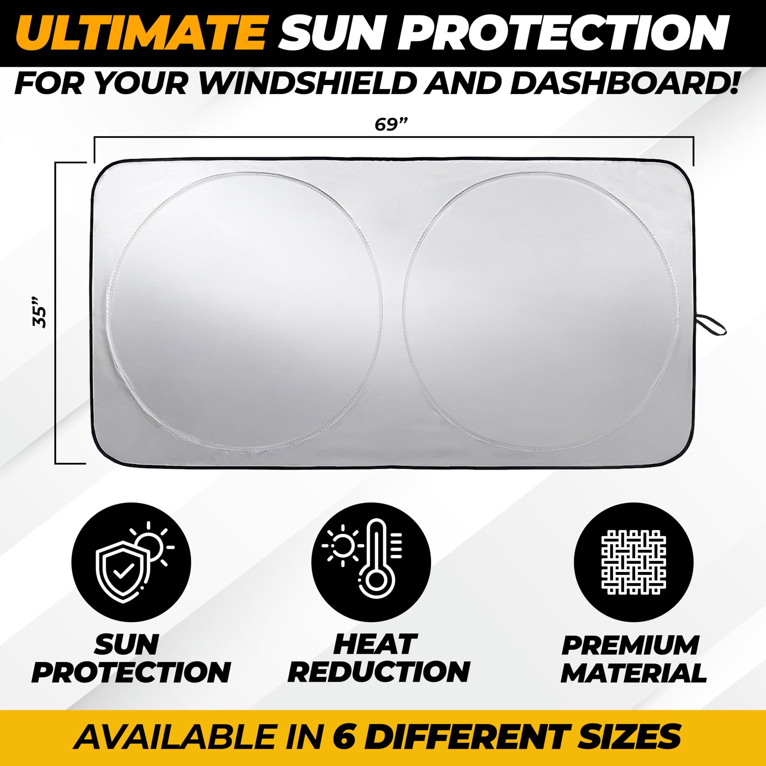 Autovir X-Large Truck Windshield Sun Shade - 240T Silver UV & Heat Blocker (69" x 35") - Summer Cooling Accessory