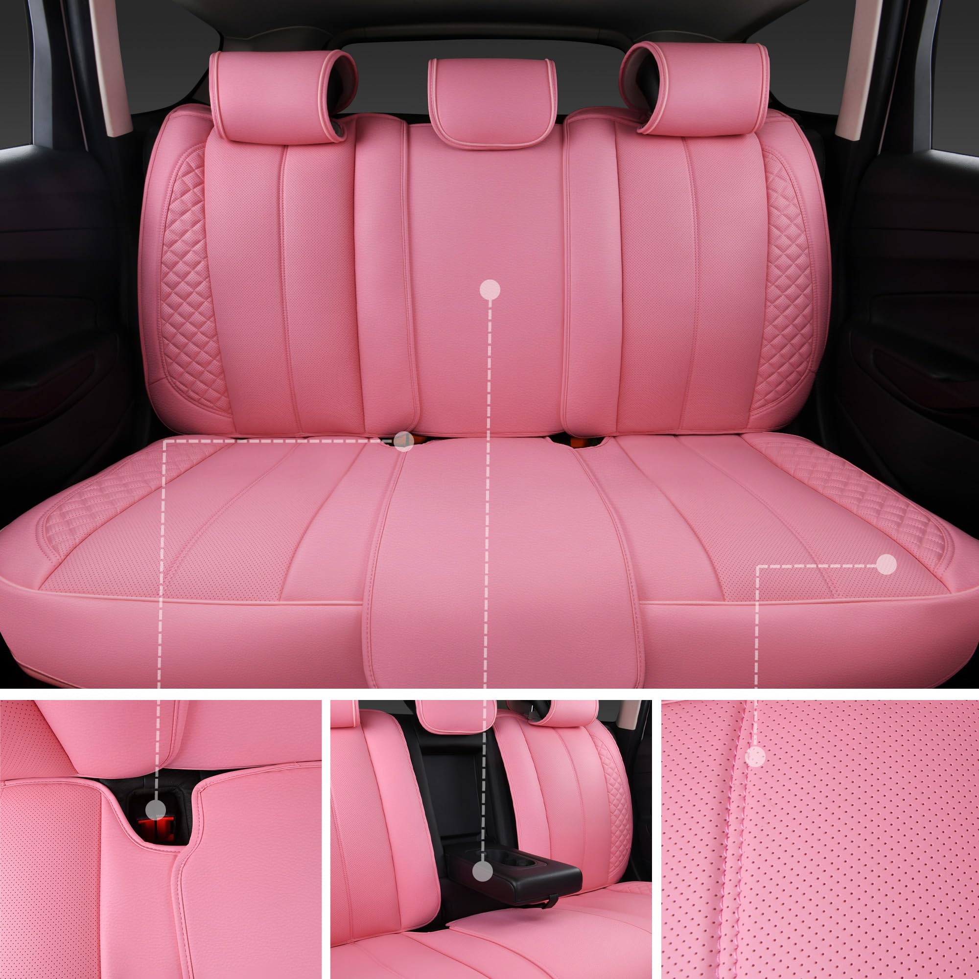 CAR PASS Nappa Pink PU Leather Car Seat Covers Full Set Cute for Women Waterproof Cushioned,Universal Fit for Sedan SUV Pick-up