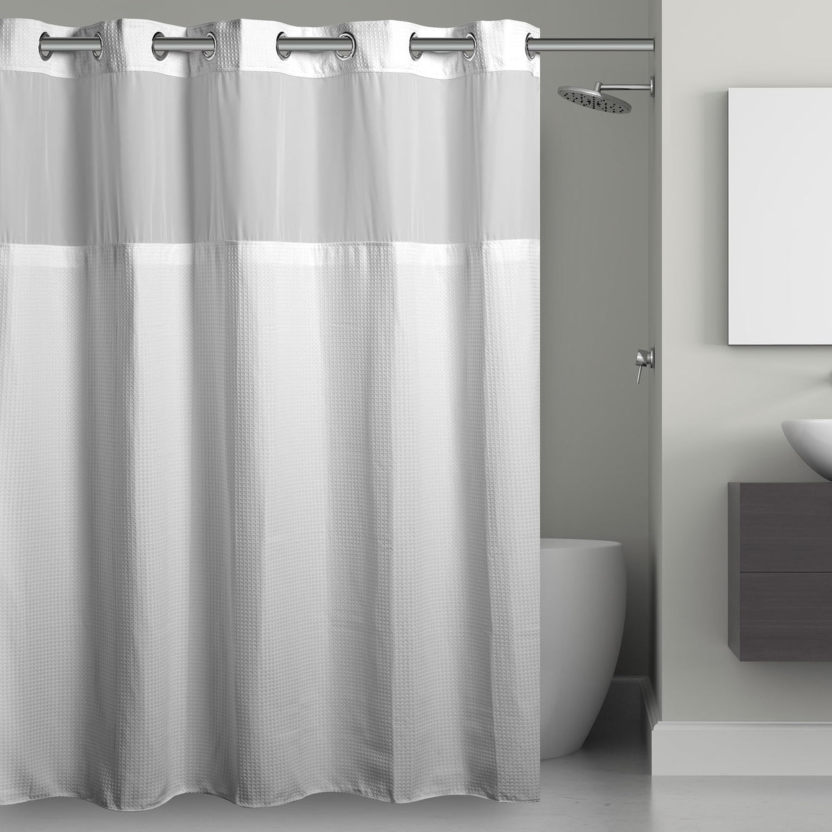 Hookless It’S A Snap! Waffle Shower Curtain, 3-In-1 Shower Curtain Includes Fabric Shower Curtain With Sheer Top Window, Flex-On Rings & Fabric Liner, 71” X 86”, White
