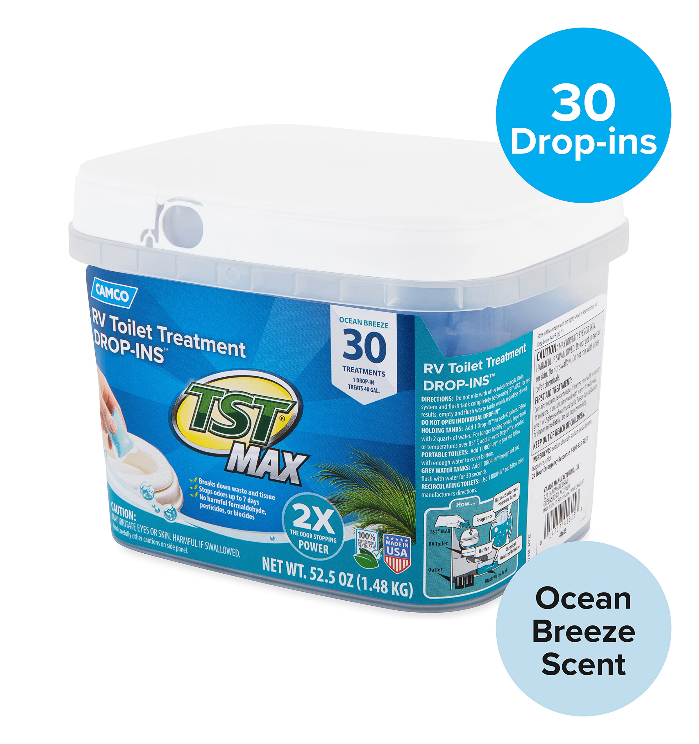 Camco Tst Max Rv Toilet Treatment Drop-Ins | Control Unwanted Odors And Break Down Waste And Tissue | Septic Tank Safe | Ocean Breeze Scent | 30-Pack (41615)