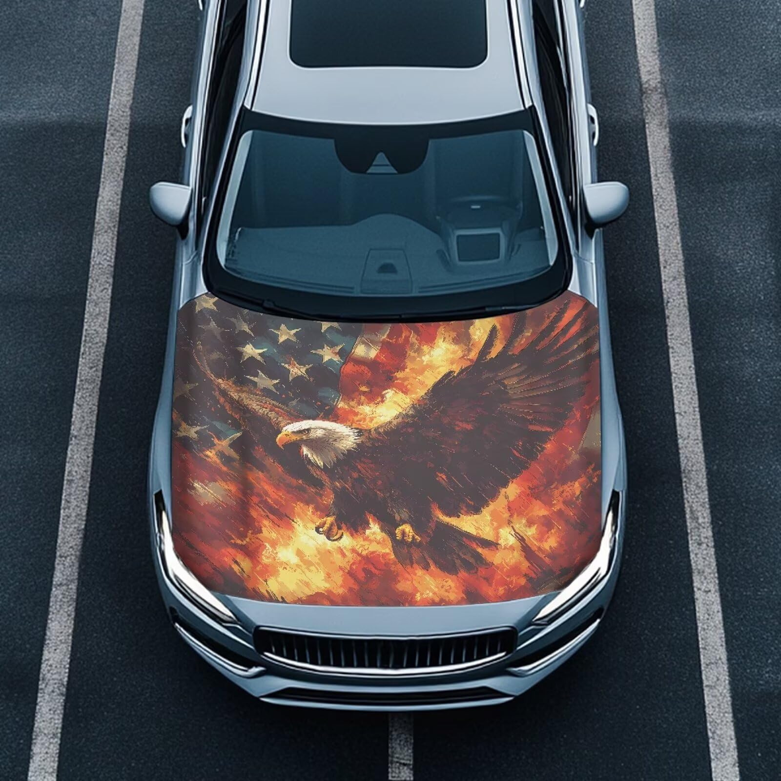 Qiyupavto Car Hood Cover, Eagle American Flag Flame Design Car Hood Protector Auto Patriotic Decorations Waterproof Auto Hood Wr