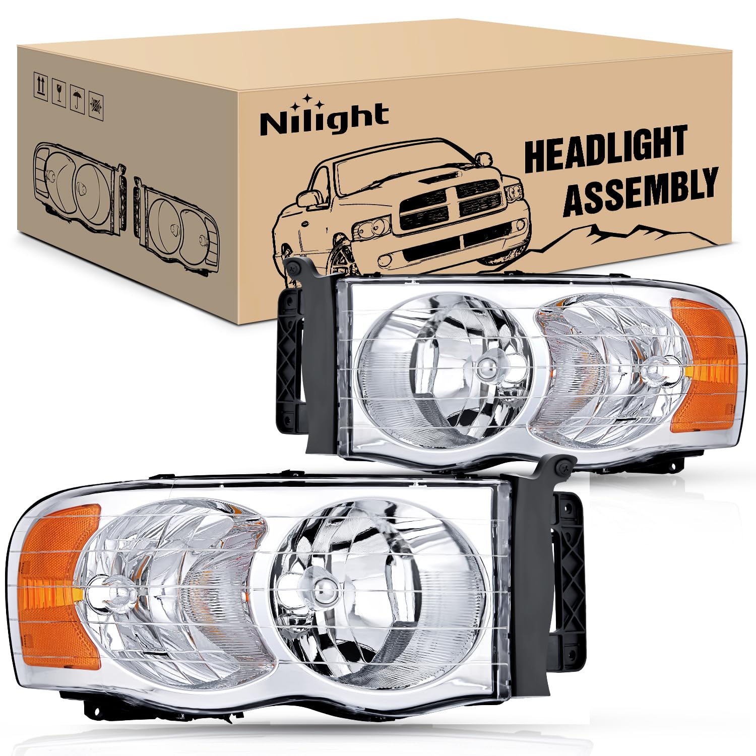 Nilight 2002 2003 2004 2005 Ram 1500 2500 3500 Headlight Assembly Chrome Housing Amber Corner Clear Lens Headlamp Replacement Dr