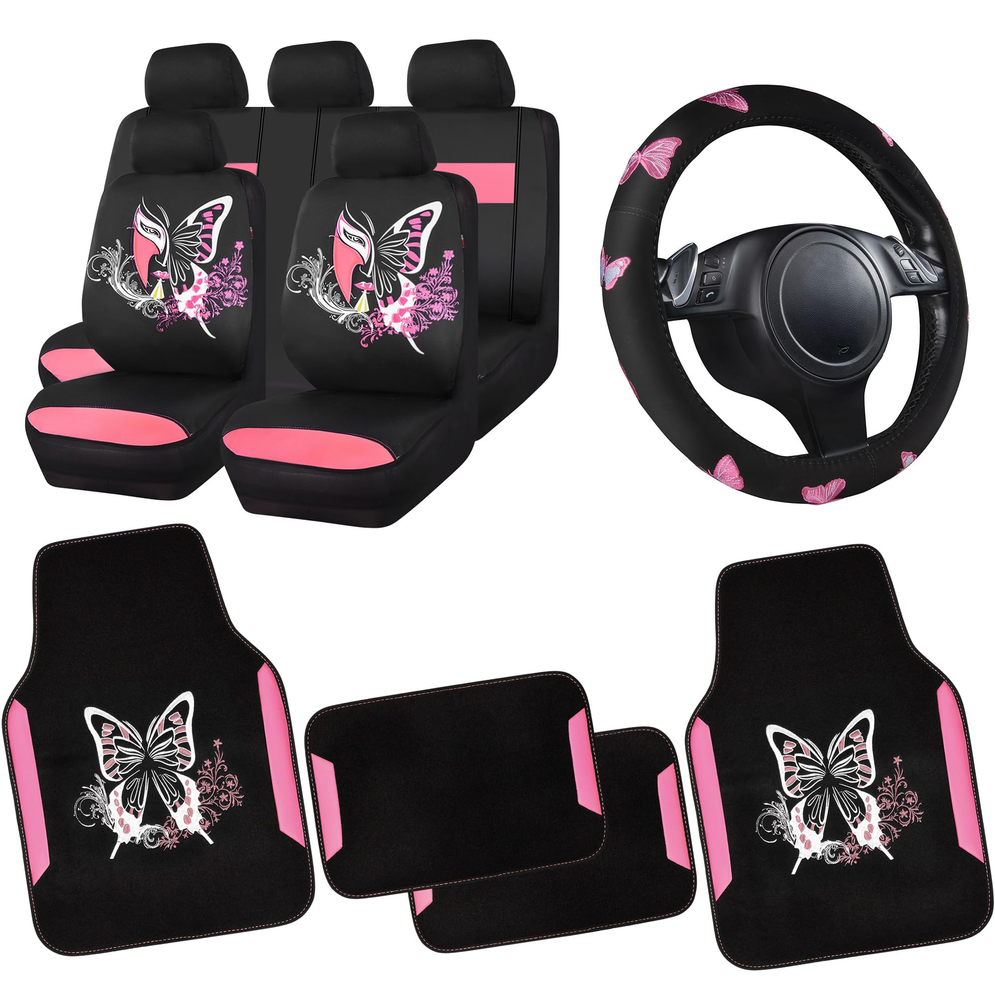CAR PASS Pink Leather & Gaberdine Butterfly Car Seat Covers Full Set with Waterproof Car Floor Mats and Embroidered Butterflies