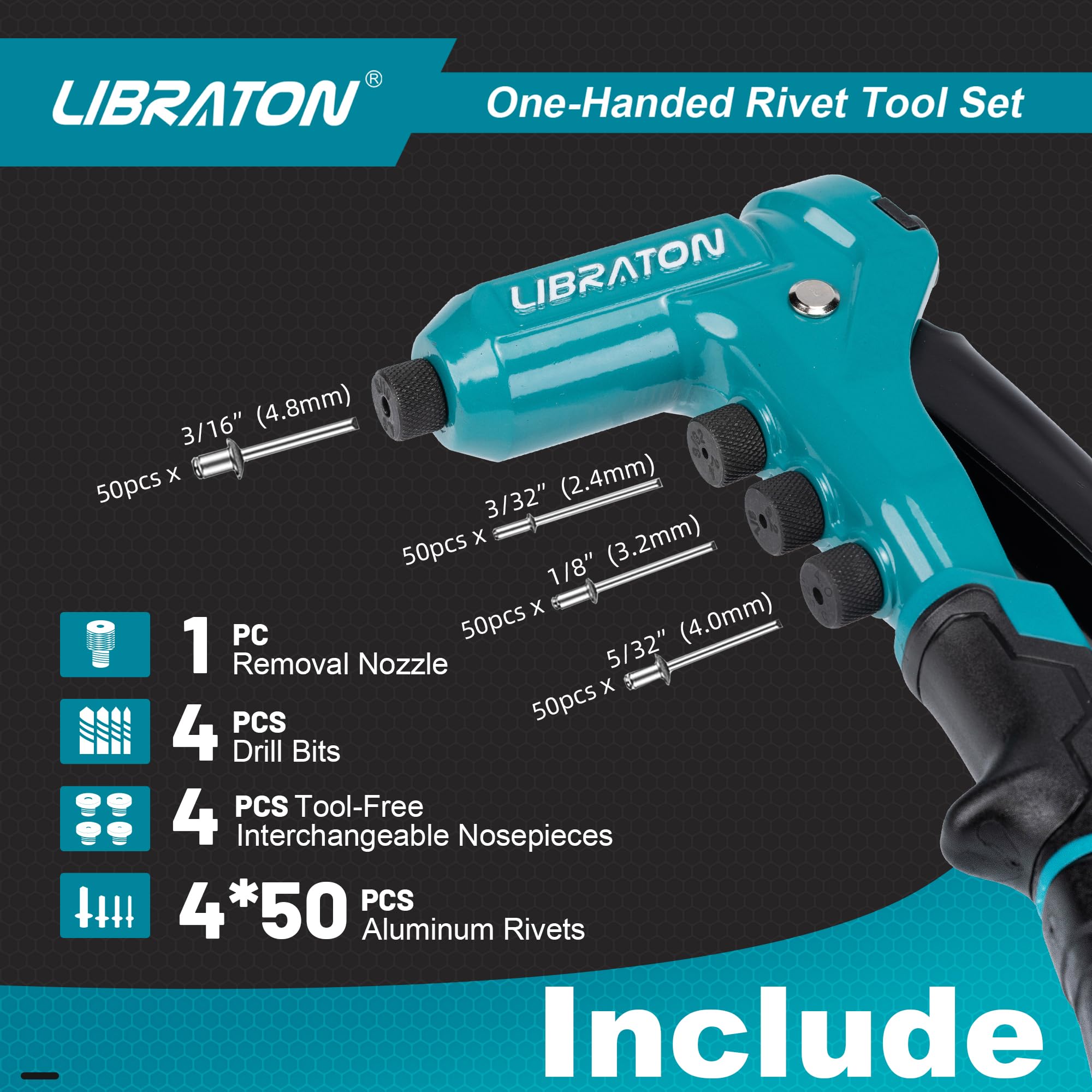 Libraton One-Handed Rivet Gun, Pop Rivet Gun Set, Professional Hand Riveter, Manual Riveting Tool With 200 Rivets For Metal, Inc