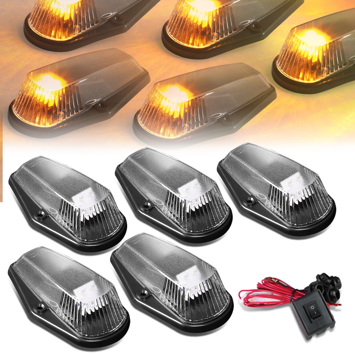 DNA Motoring CBLF15080BKY 5x LED Cab Roof Top Marker Lights+Switch [For 8096 Ford F150/F250/F350/F450] , Yellow