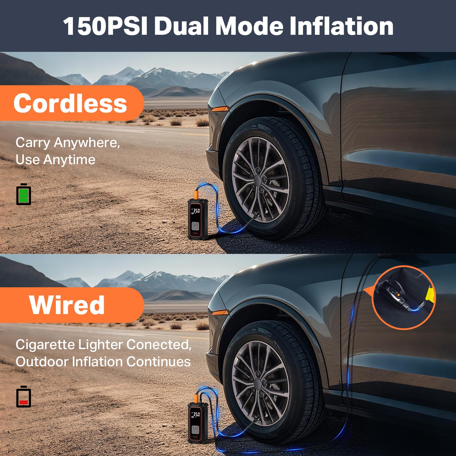 Olarhike Tire Inflator Portable Air Compressor, 9000Mah Battery Powered, 150Psi Dual Mode, Auto Air Pump For Car Tires, Motorcyc