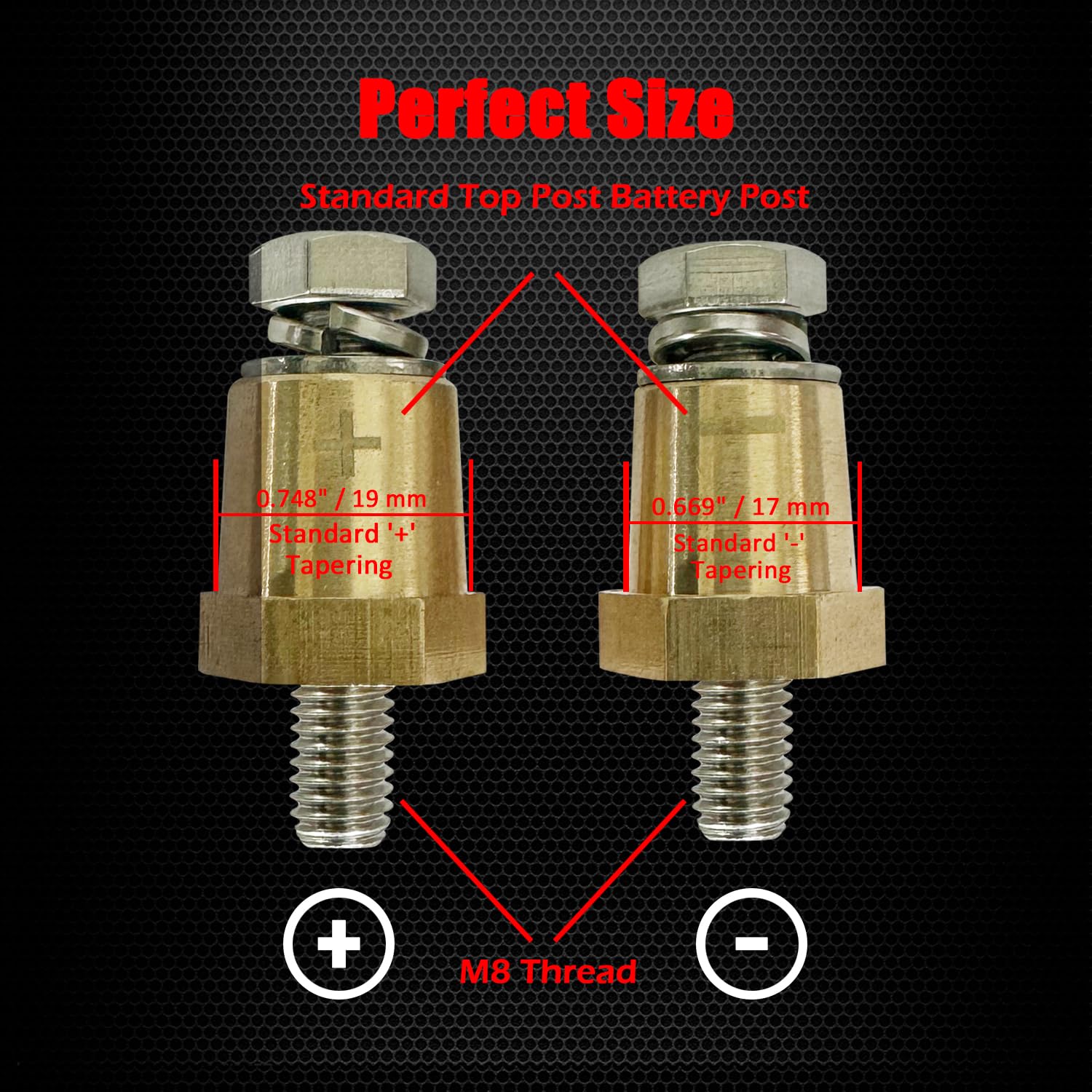 Ampper M8 Thread Brass Battery Terminal Charging Posts, Battery Post Adapter (+/-) With Solid M8 Bolts As Male Posts Direct To B