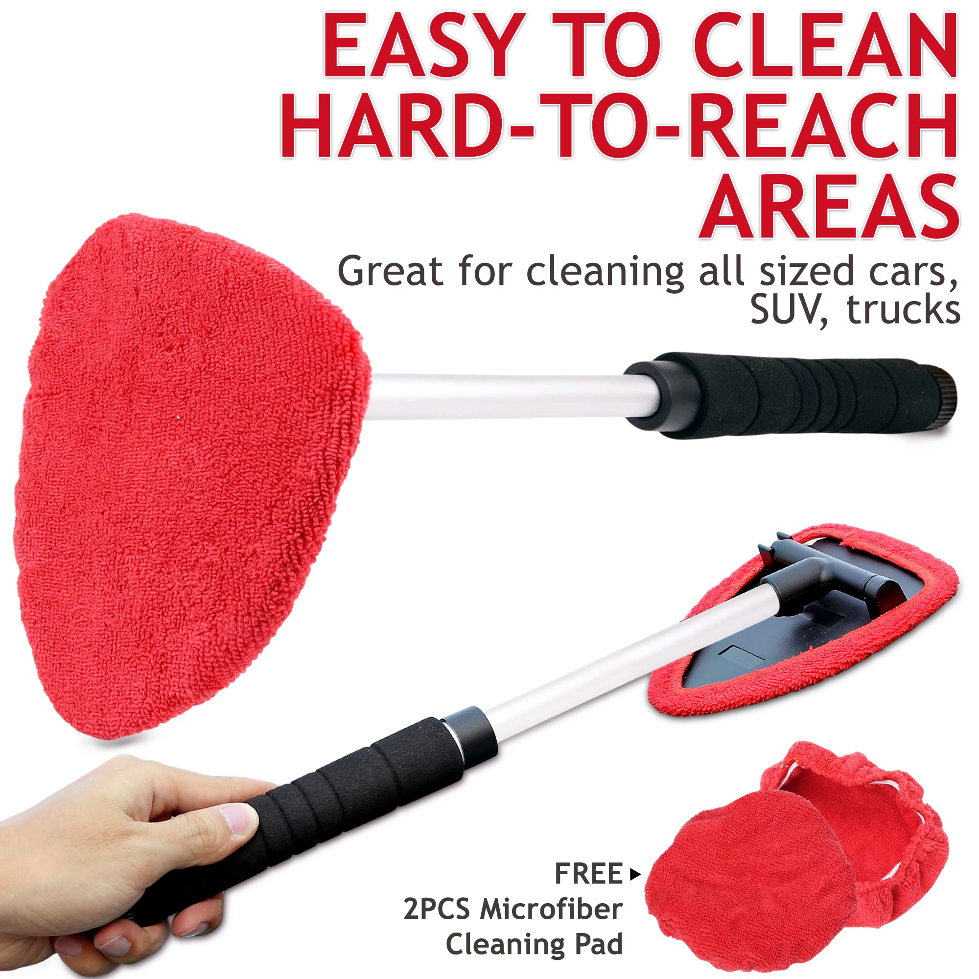 Windshield Window Cleaner Tool, Unbreakable Extendable Long-Reach Handle, Unique Pivoting Triangular Head, 3 Washable Reusable Microfiber Bonnets, Car & Home Inside Interior Exterior Use - Lint Free