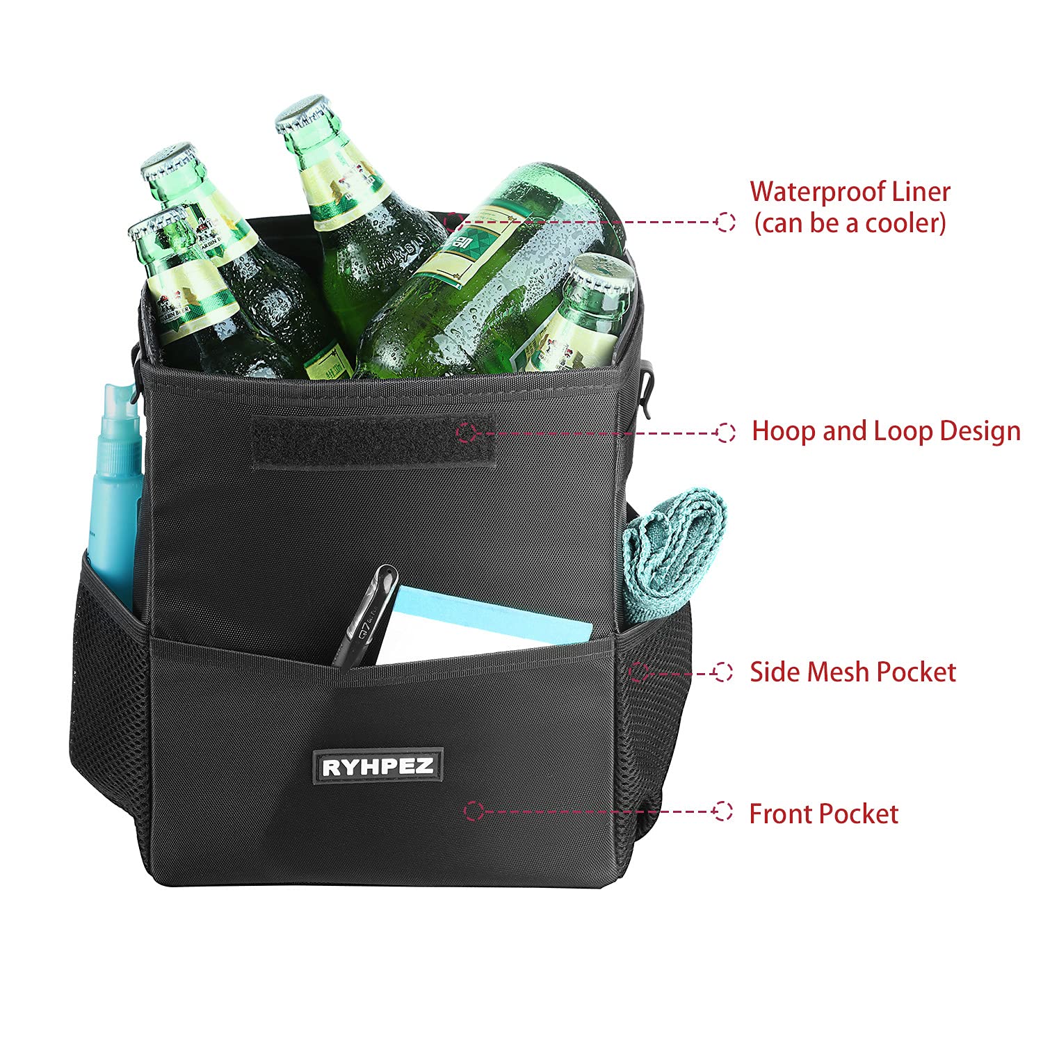 Ryhpez Car Trash Can With Lid - Car Trash Bag Hanging With Storage Pockets, Leakproof Collapsible Garbage Can With Solid Structu