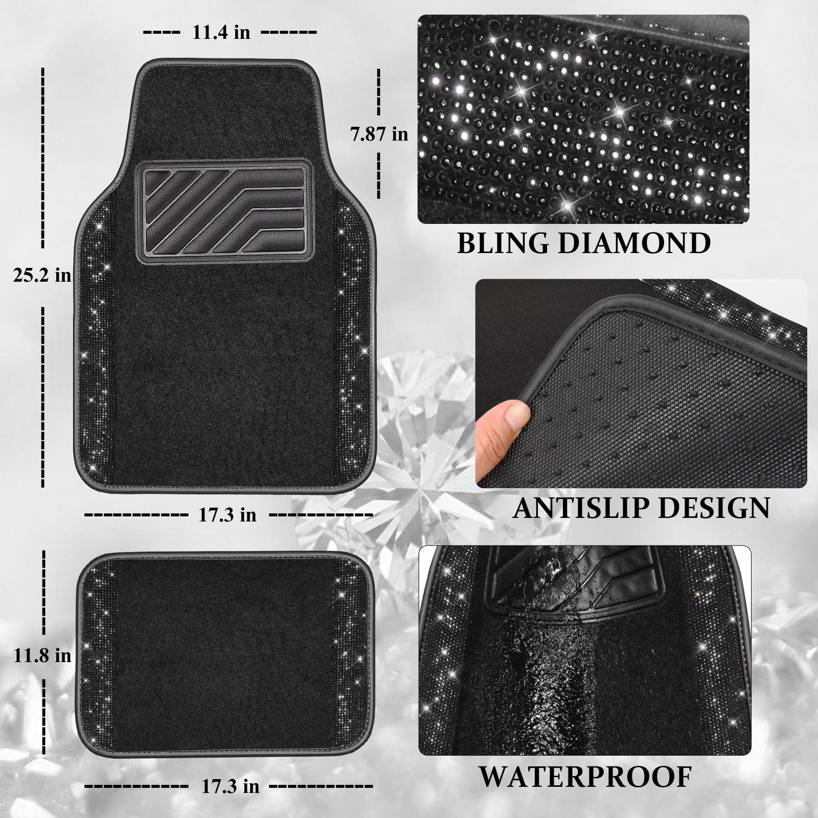 Car Pass Bling Rhinestones Diamond Universal Waterproof Car Floor Mat, Crystal Sparkling Shining Glitter Carpet With Anti-Slip Pvc Heel Pad For Suv,Sedan,Van,4Pcs Girl Women Men (Black)