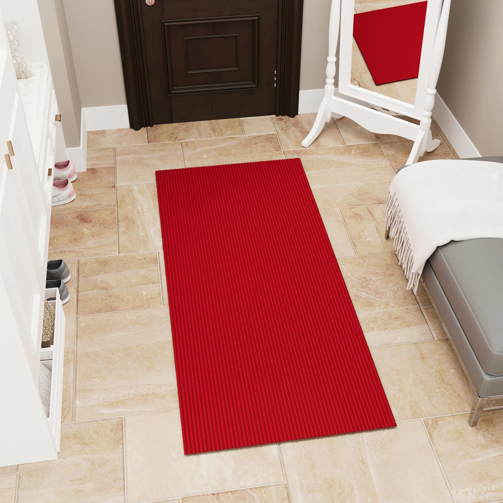 Ottomanson Scrabe Rib Collection Waterproof Non-Slip Rubberback Solid Design 2X3 Indoor/Outdoor Entryway Mat, 2' X 3', Red