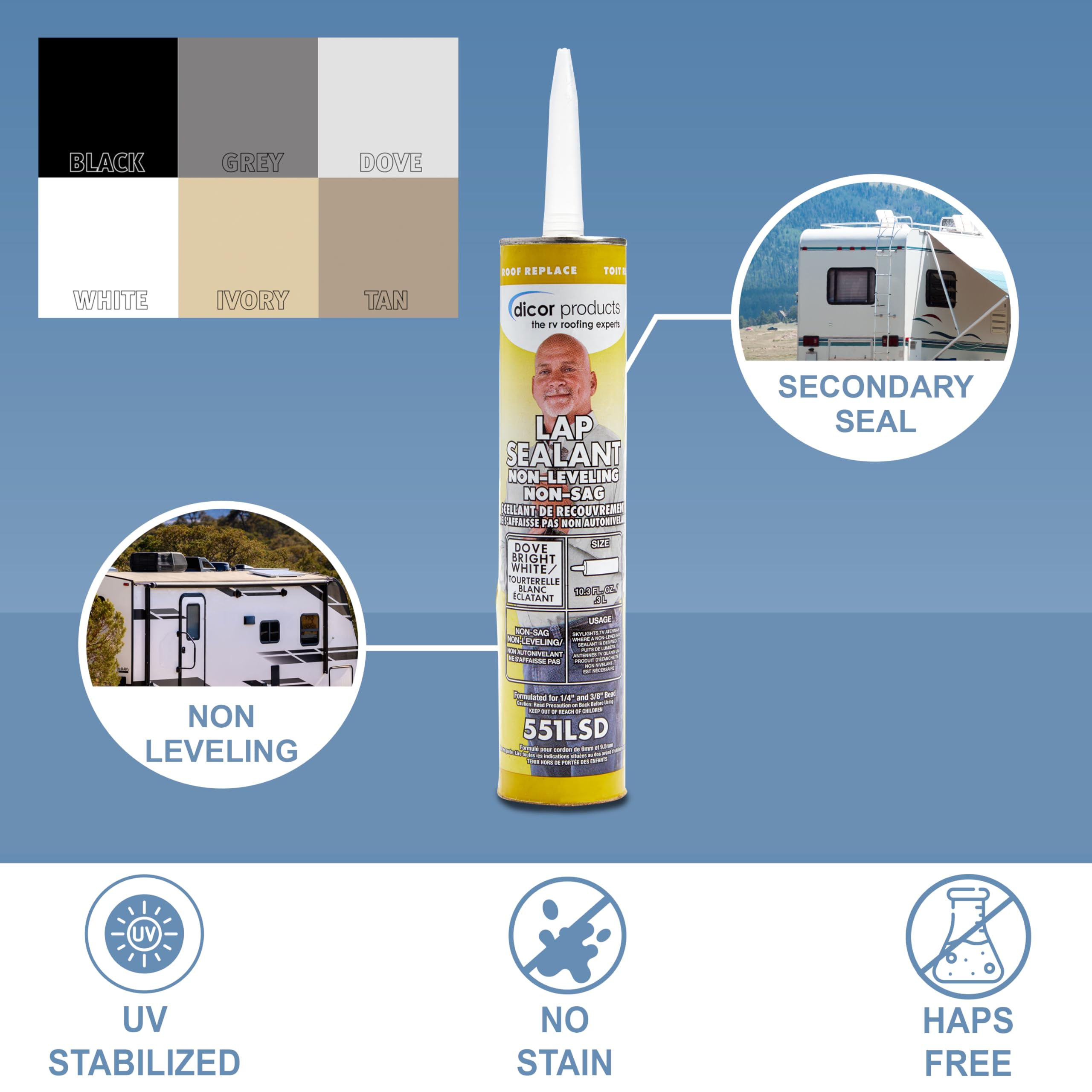 Dicor 551Lsd-1 Haps-Free Non-Leveling Lap Sealant - 10.3 Oz, Dove (Bright White), Secure, Ideal For Rv Roofing, Maintenance, Rep