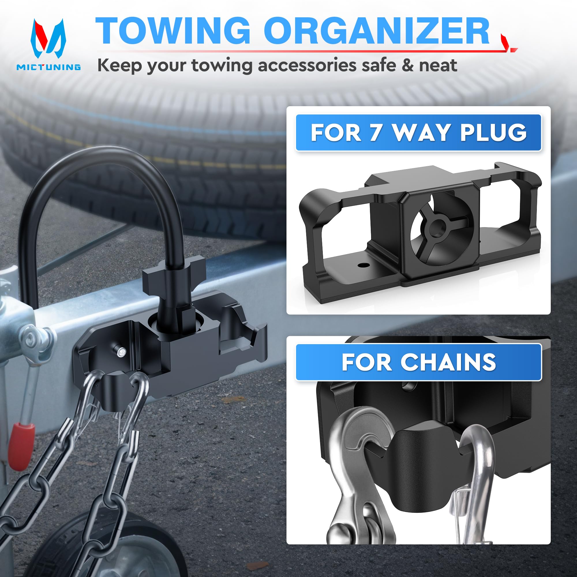 Mictuning Trailer Towing Organizer For 7 Way Plug, Heavy Duty Side Hooks Chain Cable Wire Harness Holder, Anti-Rust Aluminum Met
