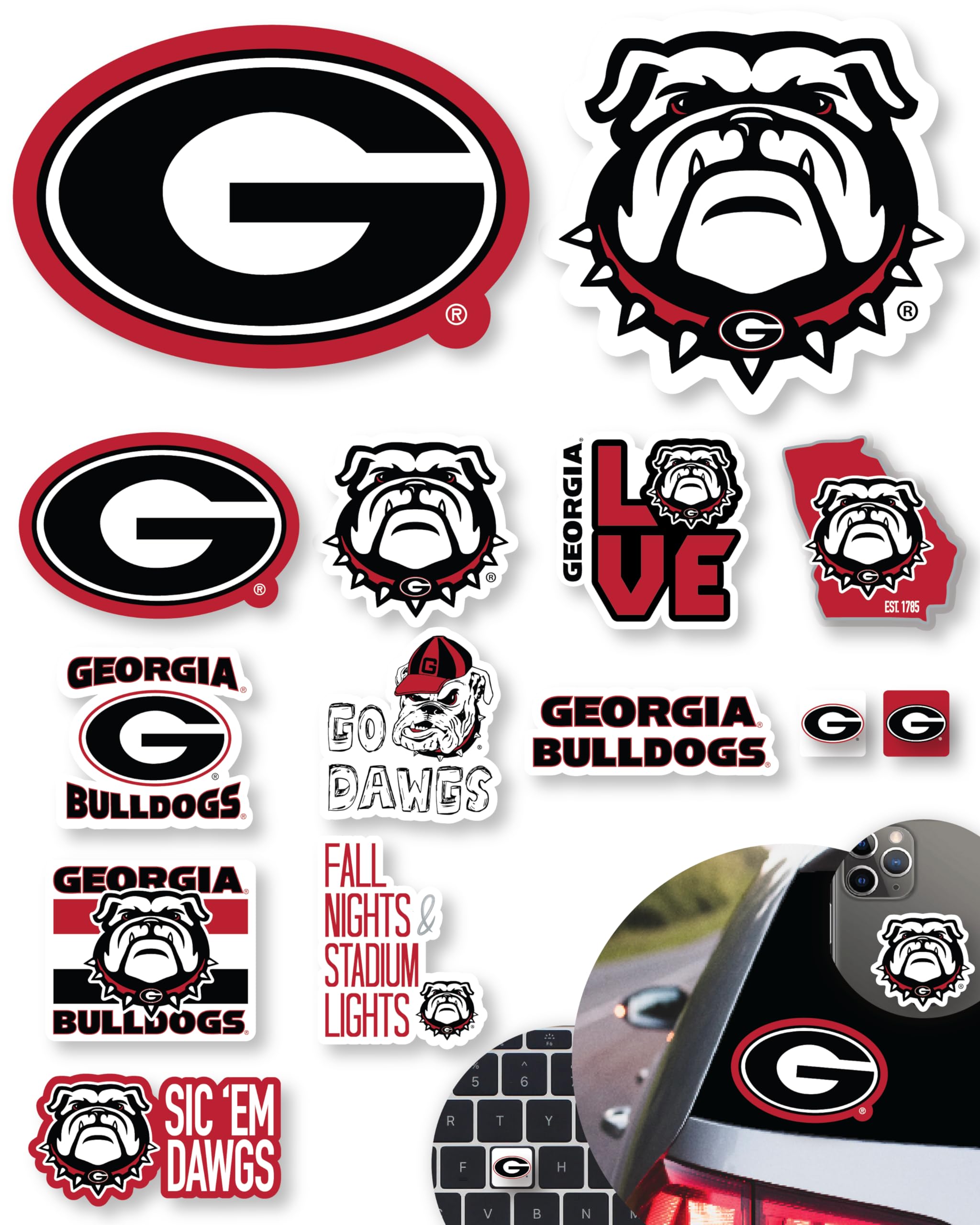 Georgia Stickers (14 Uga Stickers) 2 Large 5'' For Car Windows 10 Medium 2.5'' For Water Bottles Laptops Phones And 2 Mini Keybo