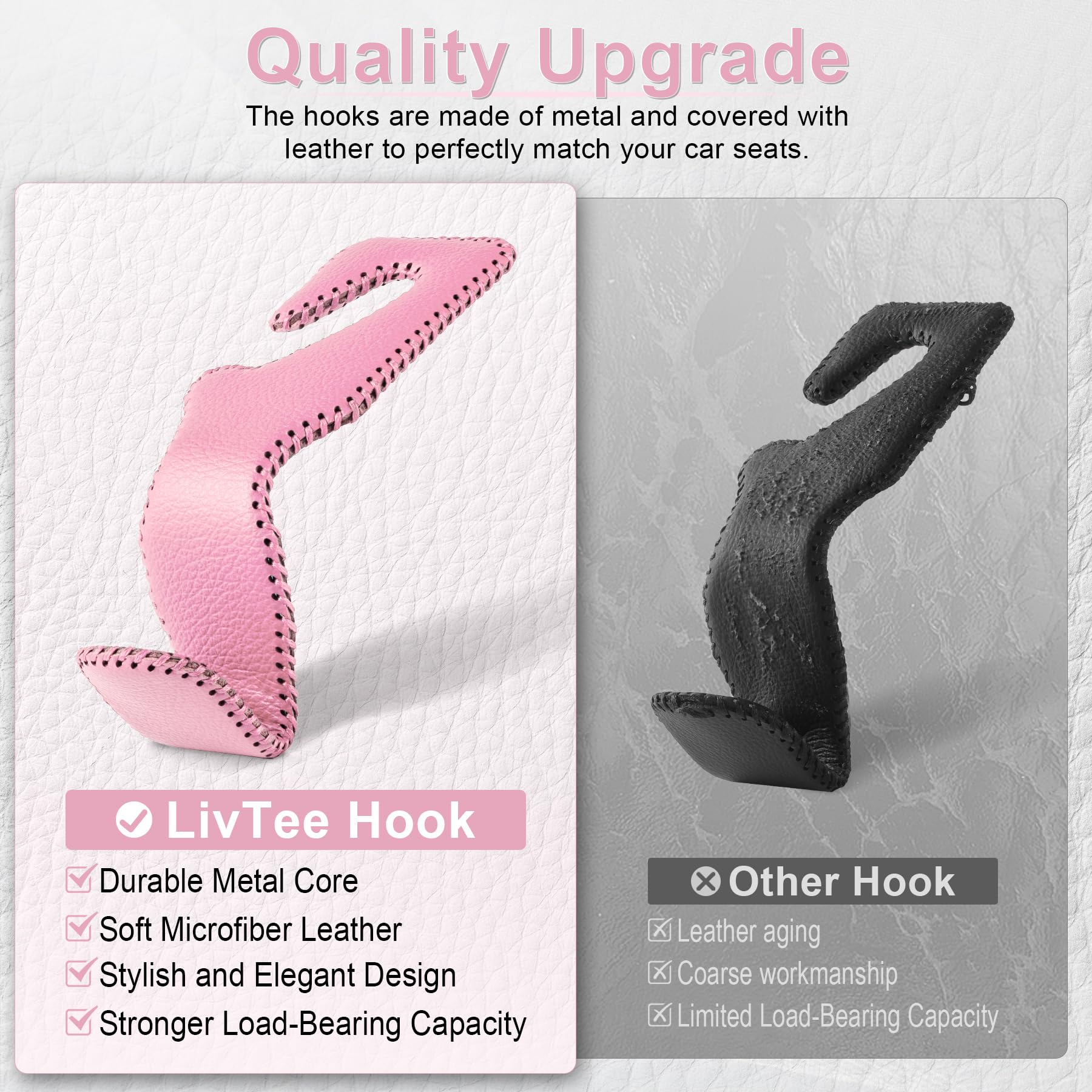 Livtee Headrest Hook For Car, Back Seat Organizer Pink Leather Hanger Holder Hook, Interior Car Accessories For Hanging Purses B