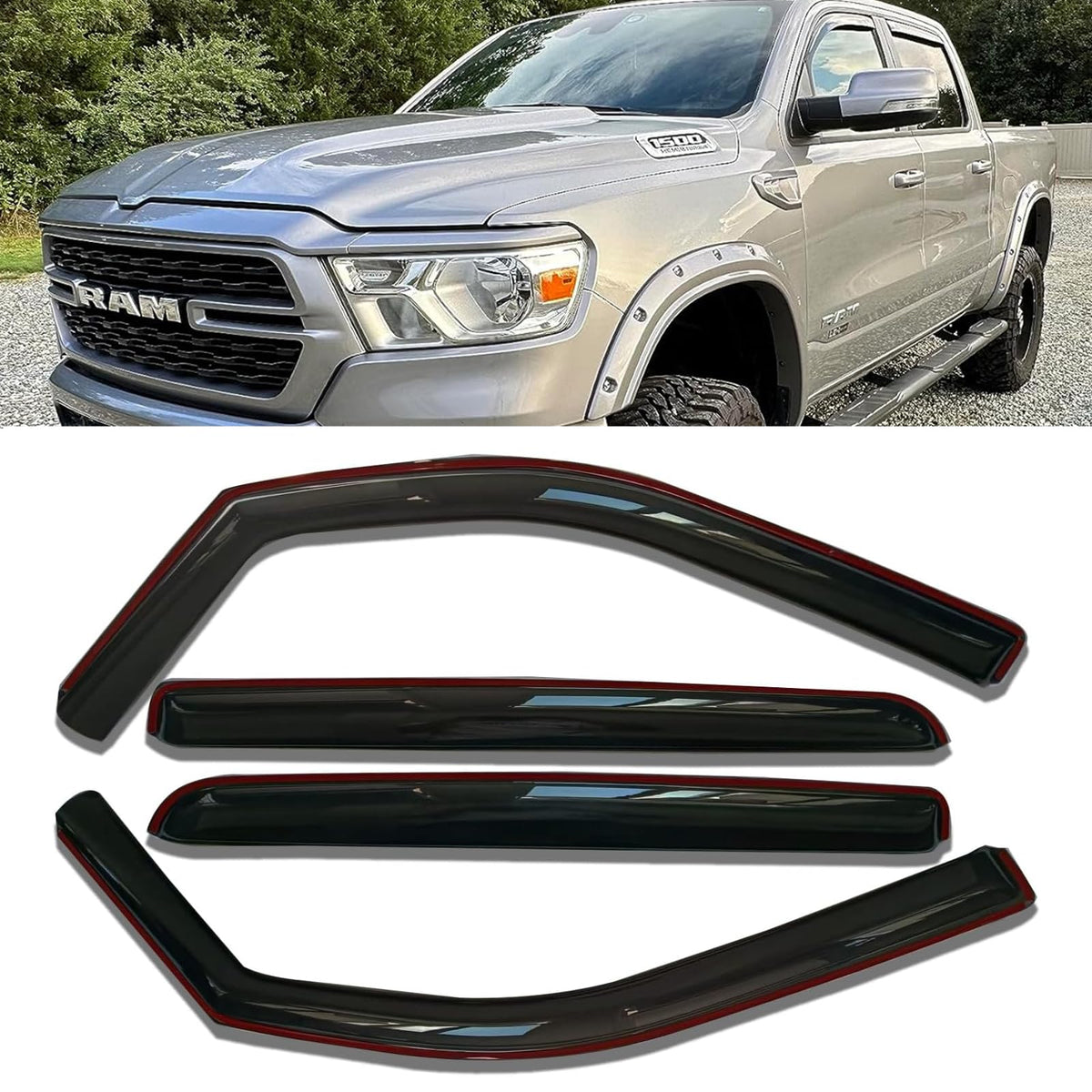 in-Channel Truck Window Visors Rain Guards Side Window Deflectors & Visors for Ram 1500 Crew Cab 2019-2024, Vent Shade Wind Defl