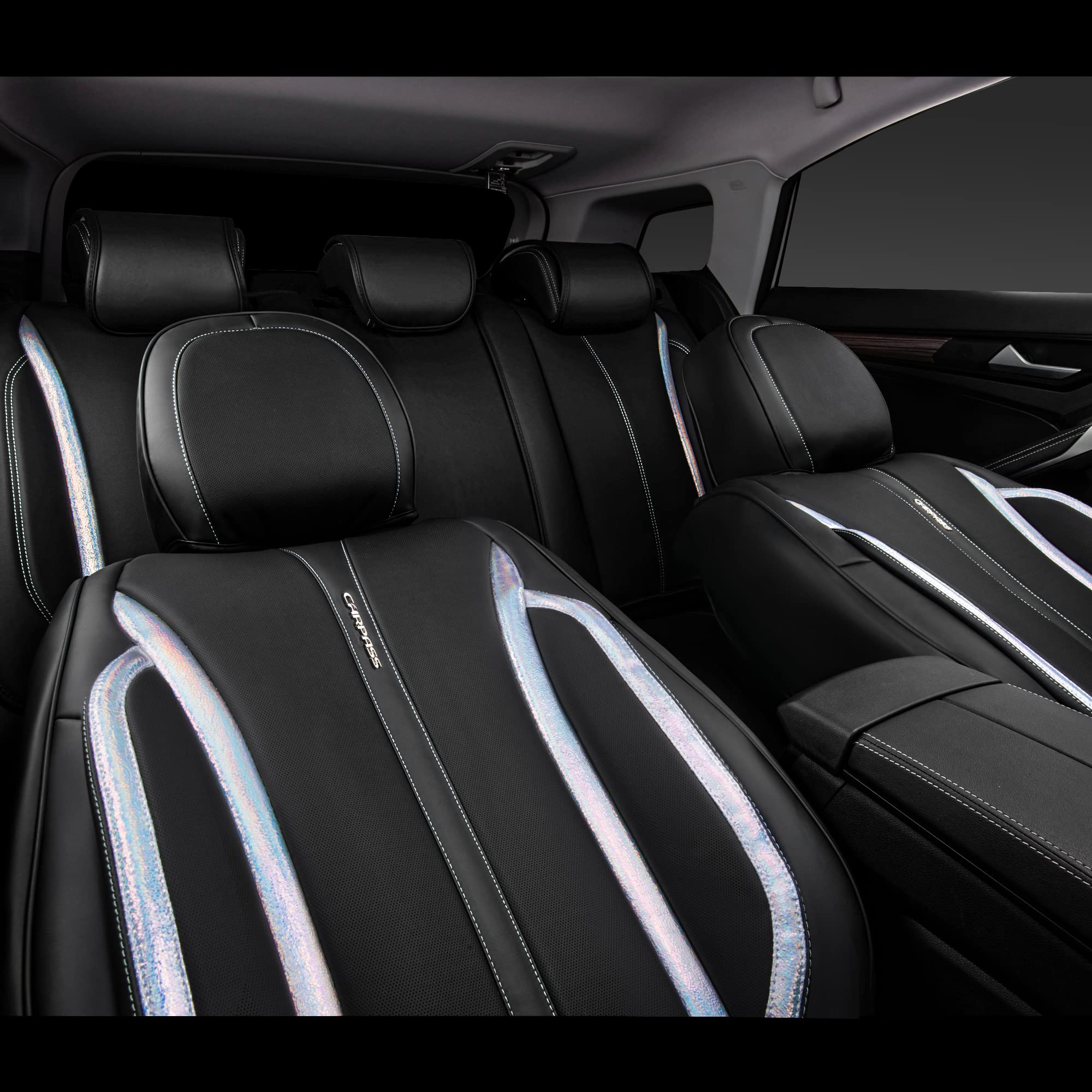 CAR PASS Nappa Leather Holographic Laser Car Seat Covers Front Seats Only Cushioned, Waterproof Waist Protector Universal fit fo