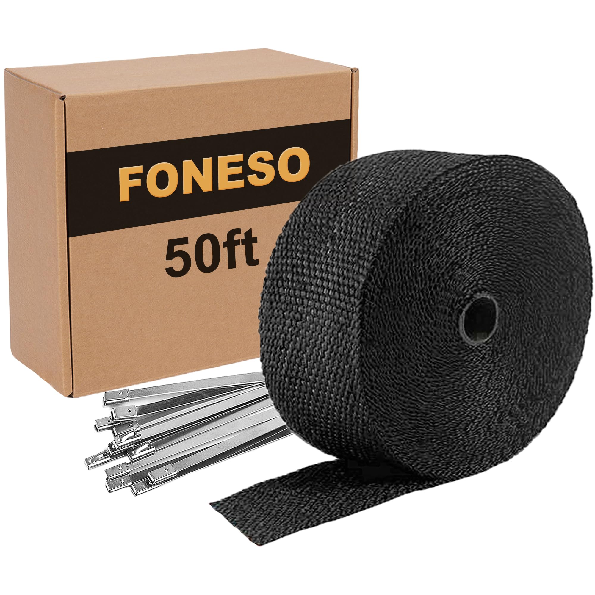 Black Exhaust Heat Wrap, Foneso 2 ' ' x 50 ' Exhaust Header Wrap Tape Fiberglass Heat Shield Tape with 12pcs Stainless Steel Tie