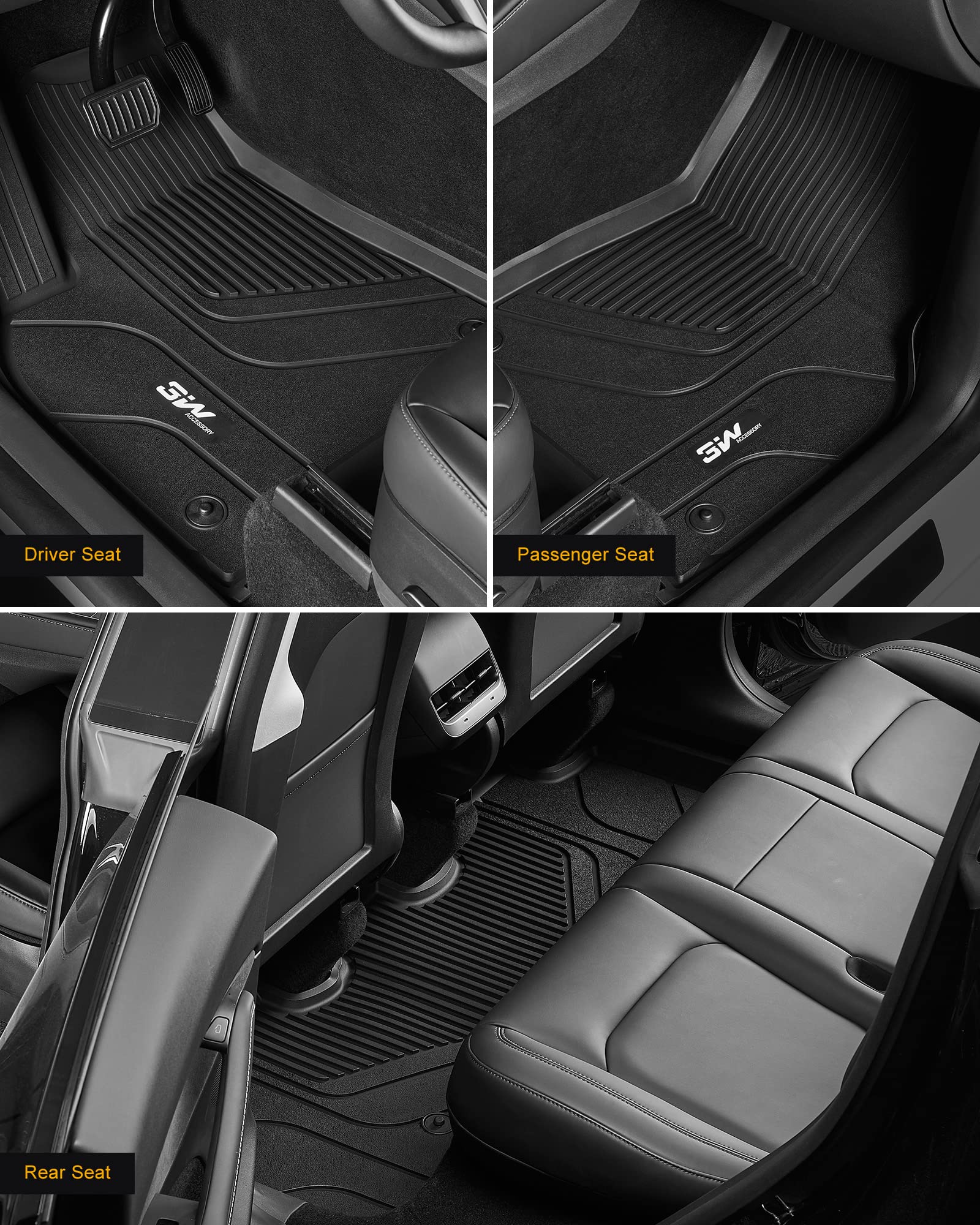 3W Tesla Model Y Floor Mats, Tpe Floor Liner For Tesla Model Y 2020-2025, Full Set Black Floor Mats, Cargo Liner And Rear Seat B