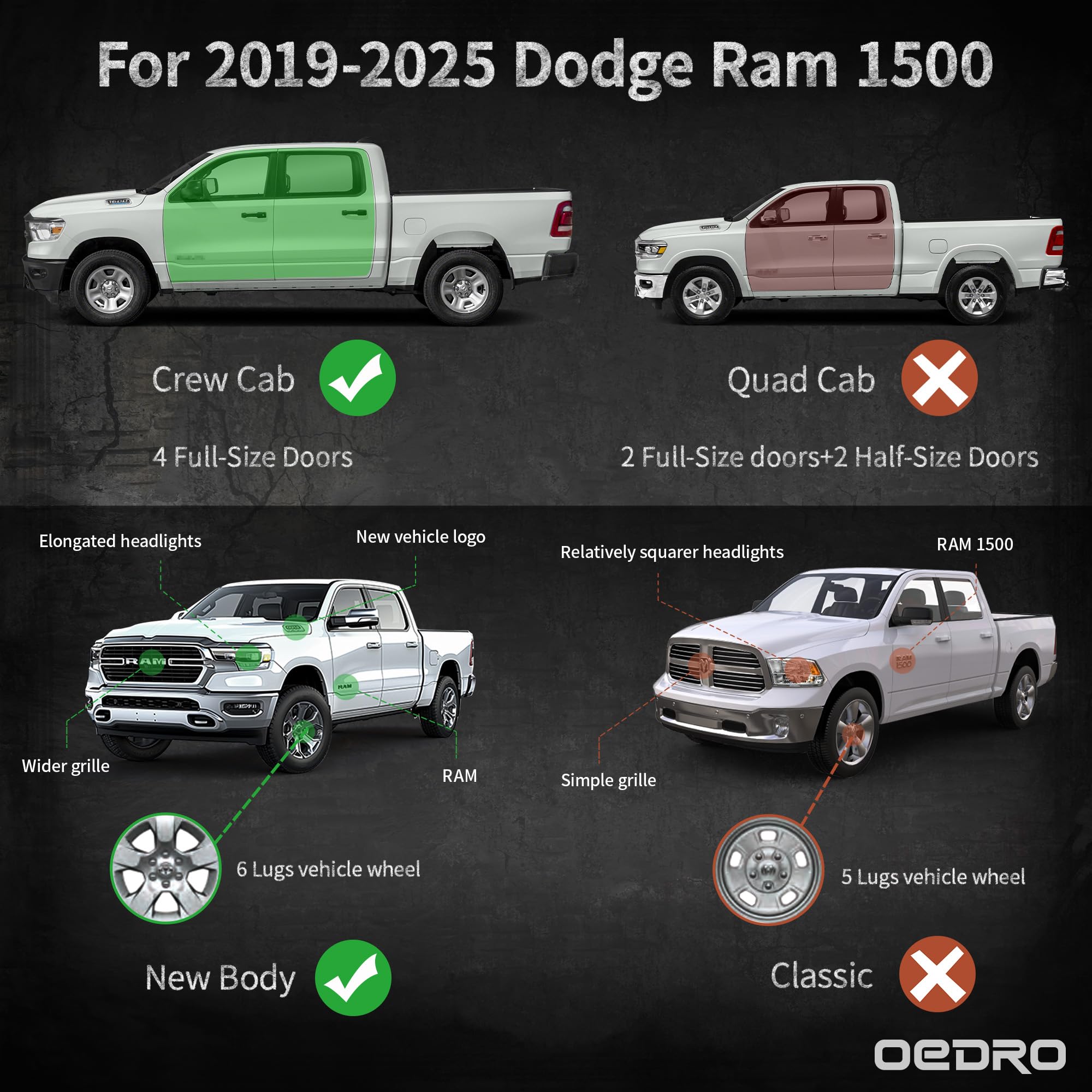 OEDRO 6 inch All Steel Running Boards Compatible with 2019-2025 Dodge Ram 1500 Crew Cab New Body, Bolt-on Side Steps with Painta