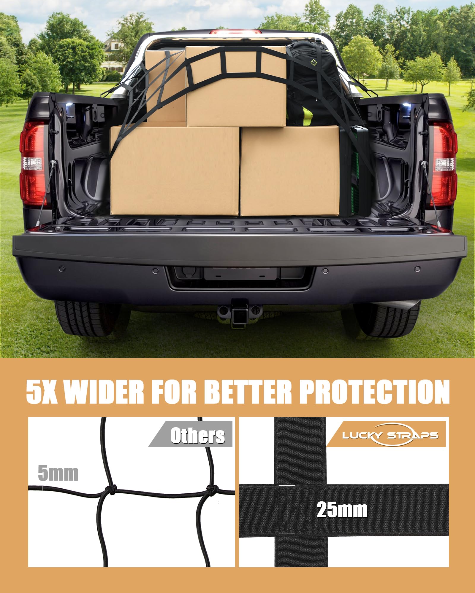The First Flat Bungee Cargo Net For Pickup Truck Bed, 4' X 4' Stretches To 10' X 10', 25 Mm Heavy Duty Cargo Net With 2 Using Mo