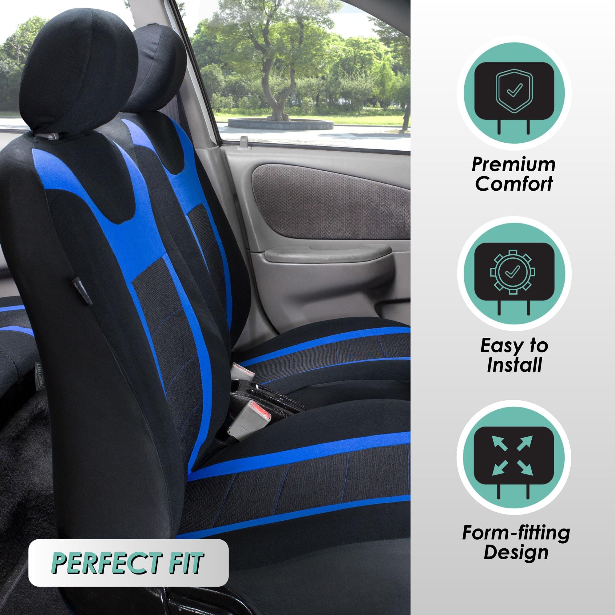 Fh Group Car Seat Covers Sports Seat Covers Front Seats Only, Airbag Compatible Blue Black Automotive Seat Cover Combo Small Car