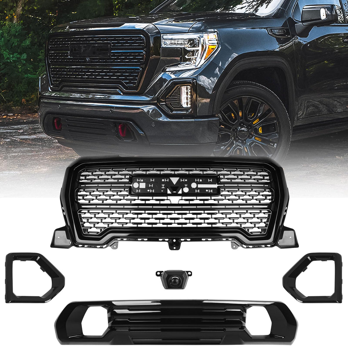 VLINCAR Grille Set 4pcs Compatible with GMC Sierra 1500 AT4/Denali 2019 2020 2021 Front Upper Grill + Front Lower Bumper Filler 