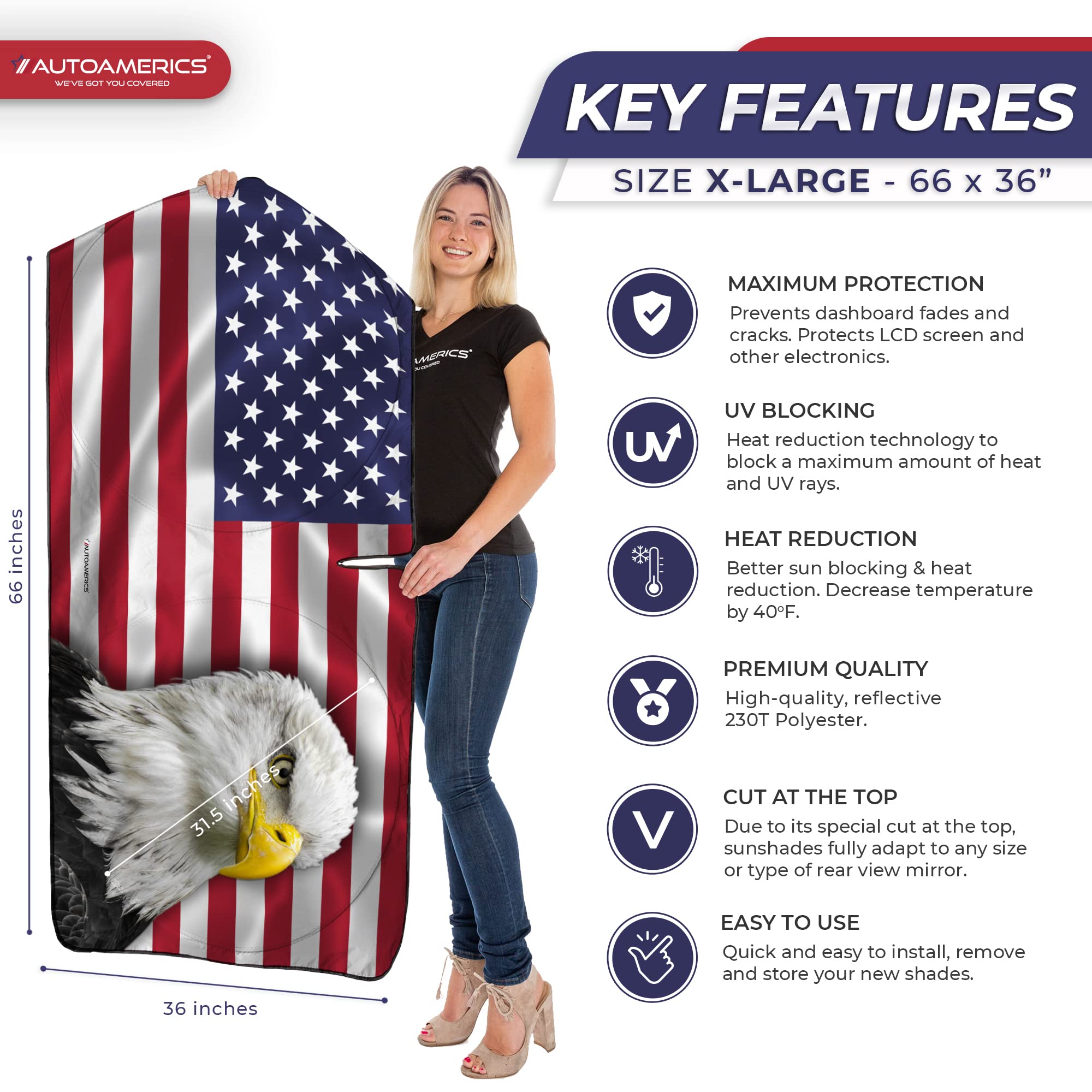 Autoamerics Truck Windshield Sun Shade With Storage Pouch & Anti-Slip Dash Pad - Foldable American Eagle Flag Design - Fits Most