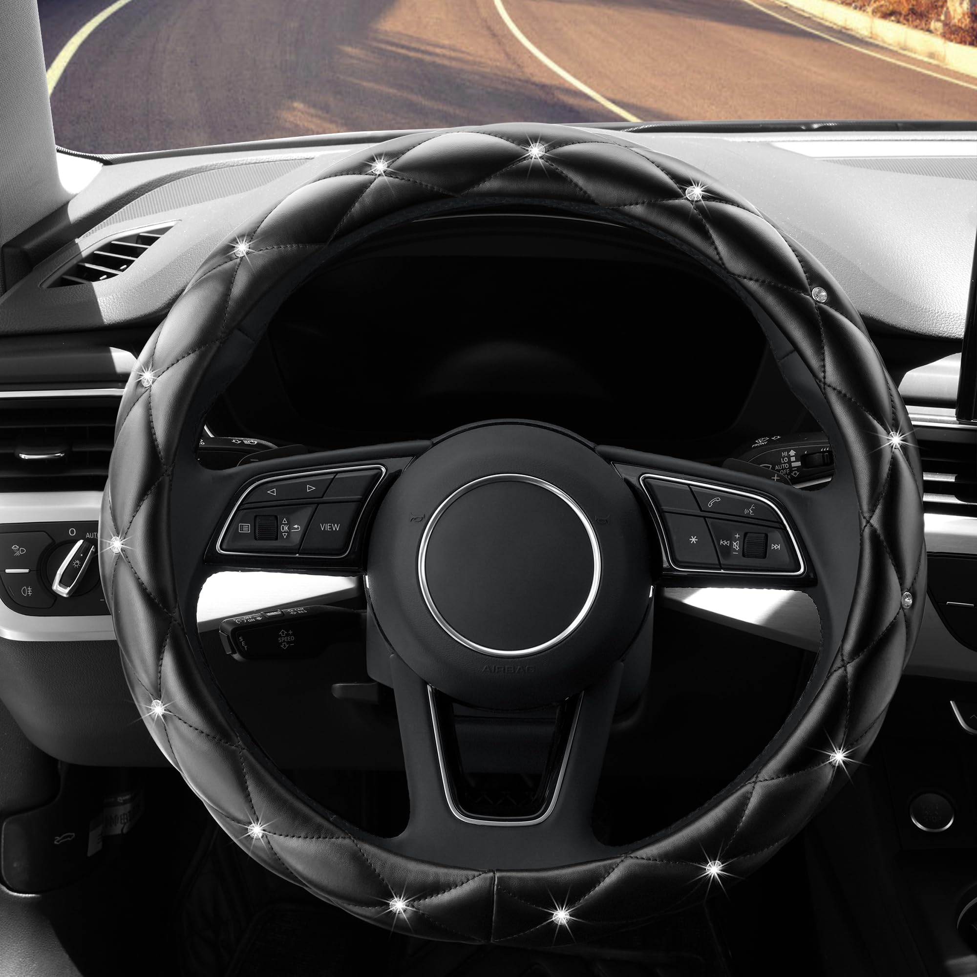 Yogurtck Diamond Soft Leather Anti-Slip Steering Wheel Cover With Bling Bling Crystal Rhinestones, Universal 15 Inch For Women Girls, Fit Vehicles, Sedans, Suvs, Vans, Trucks - Black