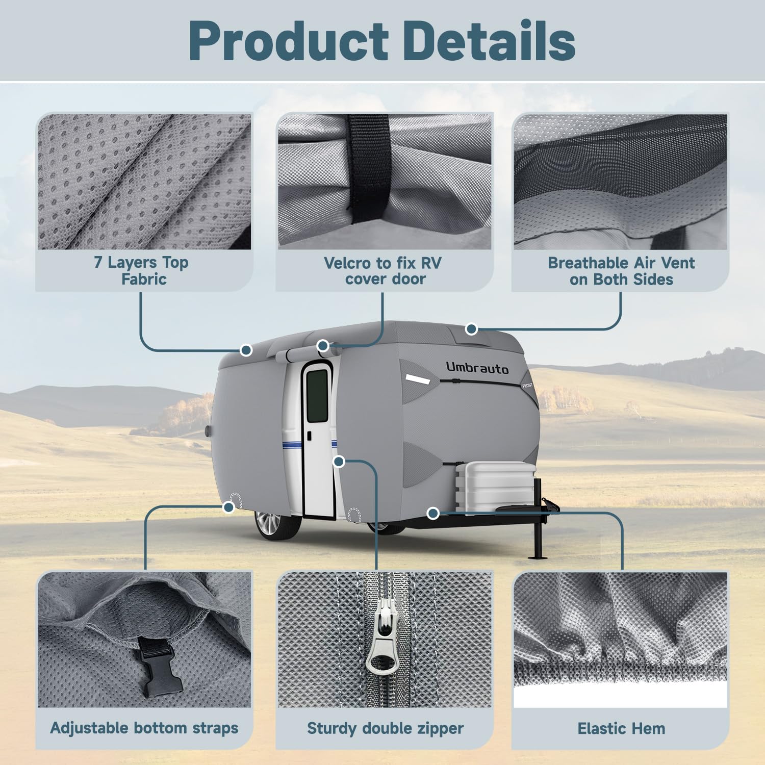 Umbrauto Fiberglass Travel Trailer Cover Fits 8'-10' Trailers, 2023 Upgraded 7 Layers Top Camper Rv Cover With Windproof Strap,A