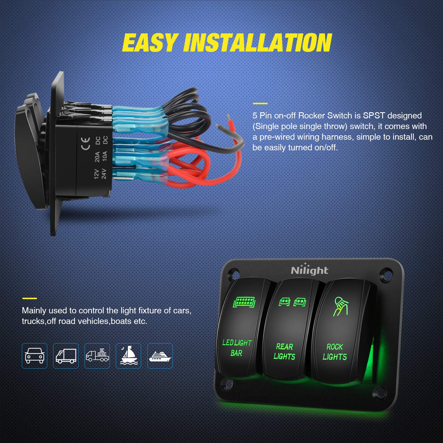 Nilight 3 Gang Rocker Switch Panel Aluminum 5 Pin On Off Toggle Led Light Bar Spst 12V-24V Green Switches For Marine Boats,Cars,