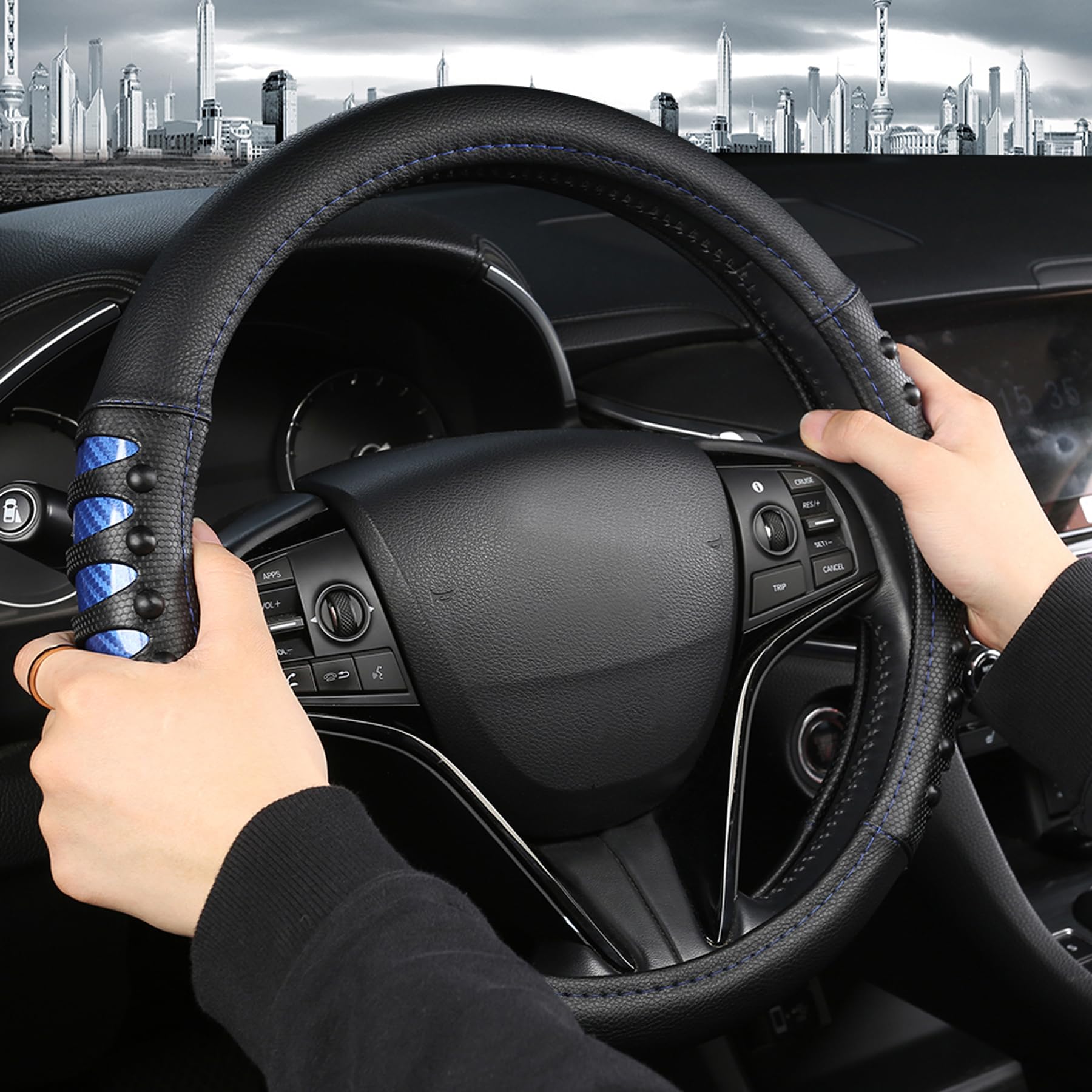 West Llama Microfiber Leather Car Steering Wheel Cover For Men Women,Universal Fit 15.5-16 Inch(Leather Nails-Blue+Black-Large S