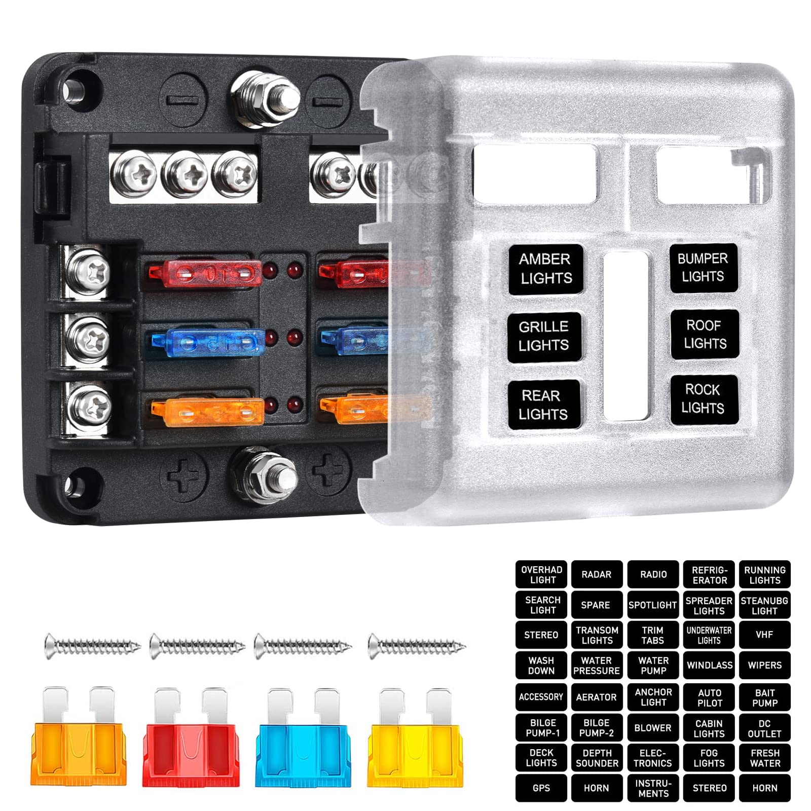 6-Way Marine Fuse Block,Waterproof 12v Fuse Block with LED Indicator for 12V/24V Automotive Golf Cart Truck Car Boat Marine RV M