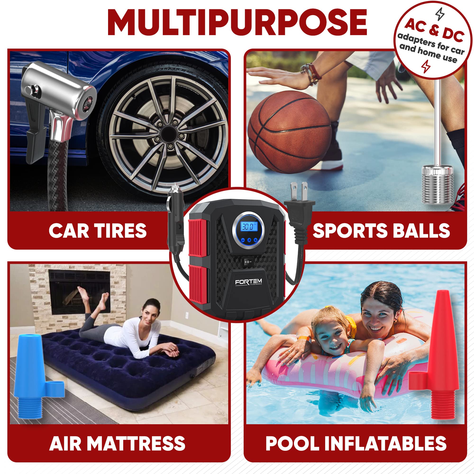 Fortem Tire Inflator 150 Psi, Bike Pump, 110V Ac 12V Dc Air Pump For Car Tires, Digital Tire Pressure Gauge W/Auto Pump/Shut Off