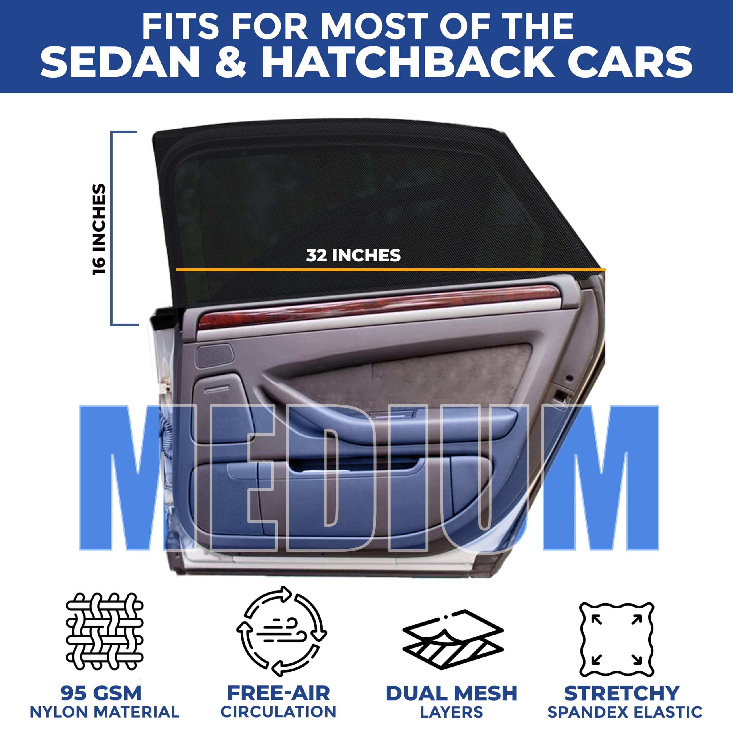 EcoNour Car Window Screens for Camping - Pack of 2, Black, Medium 34x18, UV & Bug Protection, Breathable Mesh Baby Window Covers