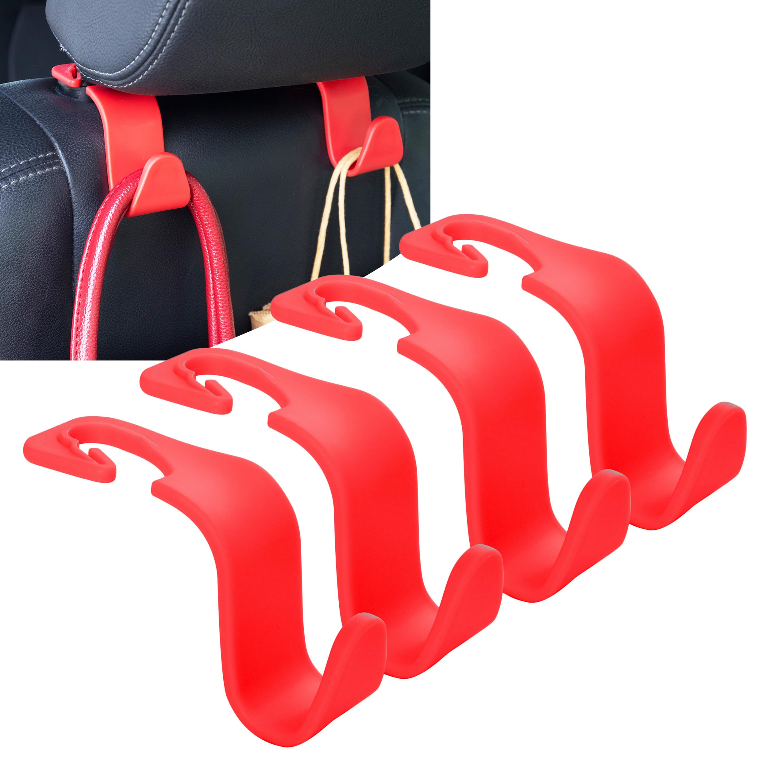 Amooca Car Seat Headrest Hook 4 Pack Hanger Storage Organizer Universal For Handbag Purse Coat Universal Fit Vehicle Car Red Wit