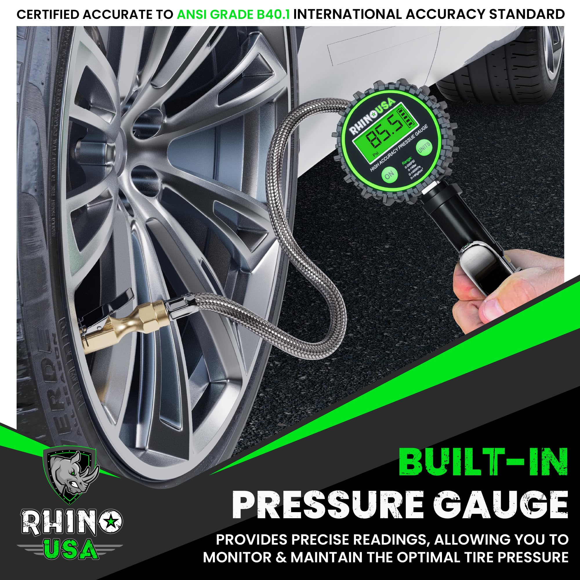 Rhino USA Digital Tire Inflator with Pressure Gauge (0-200 PSI) - ANSI B40.7 Accurate, Large 2' Easy Read Glow Dial, Premium Braided Hose, Solid Brass Hardware, Best for Any Car, Truck, Motorcycle, RV