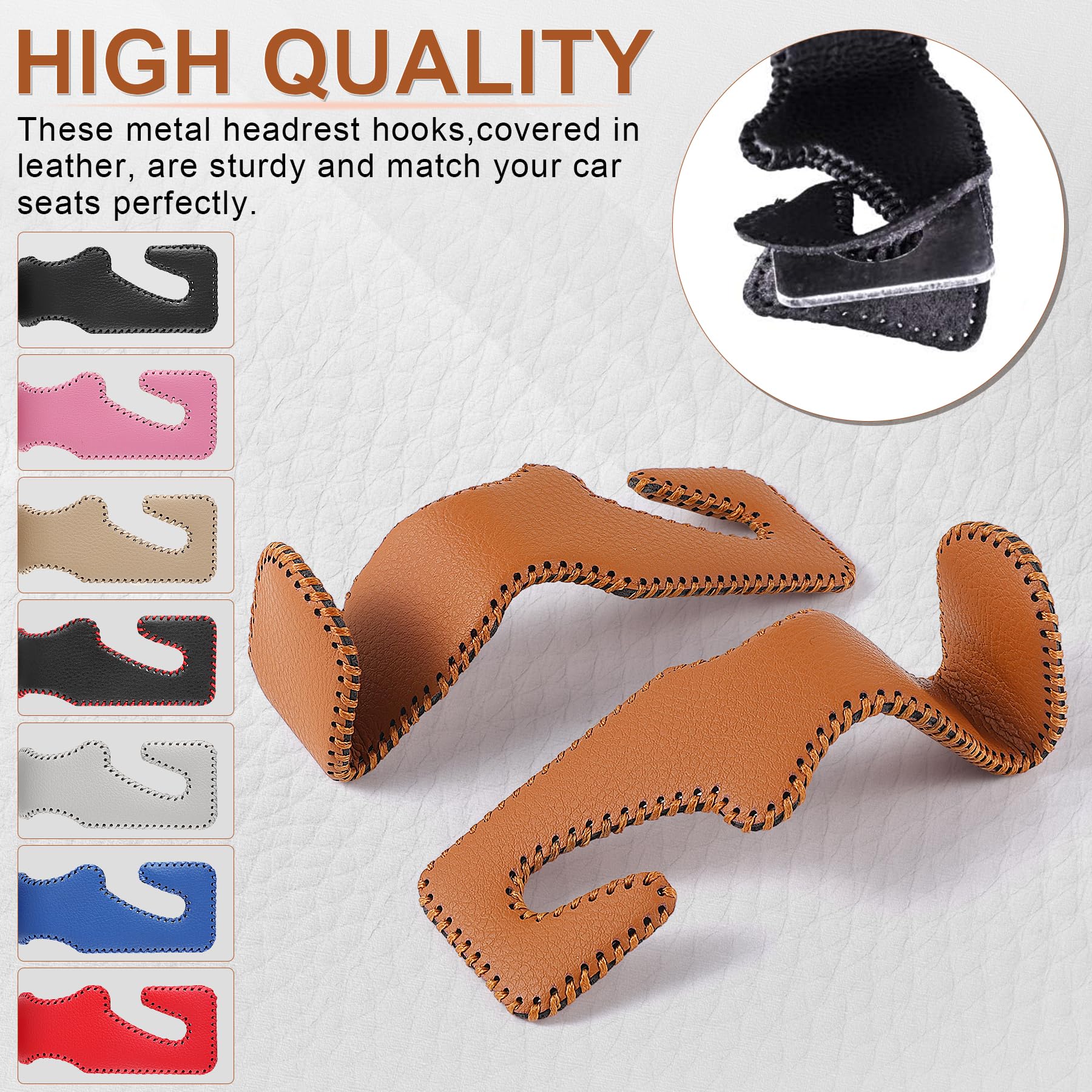 Livtee Brown Superior Leather Car Seat Back Headrest Hook, Auto Seat Hook Hangers Interior Accessories For Purse Coats Umbrellas