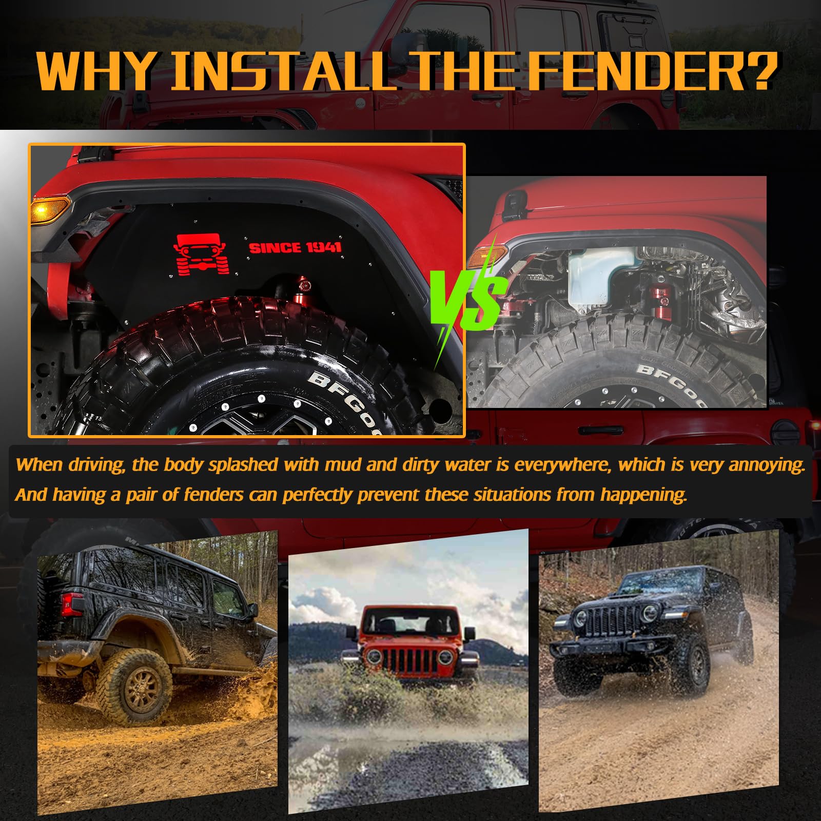 Jroad Inner Fender Front Fender Liners Compatible With Jeep Wrangler Jl Aluminum,With 4 Led Lights For 2018-2022 Jeep Wrangler J