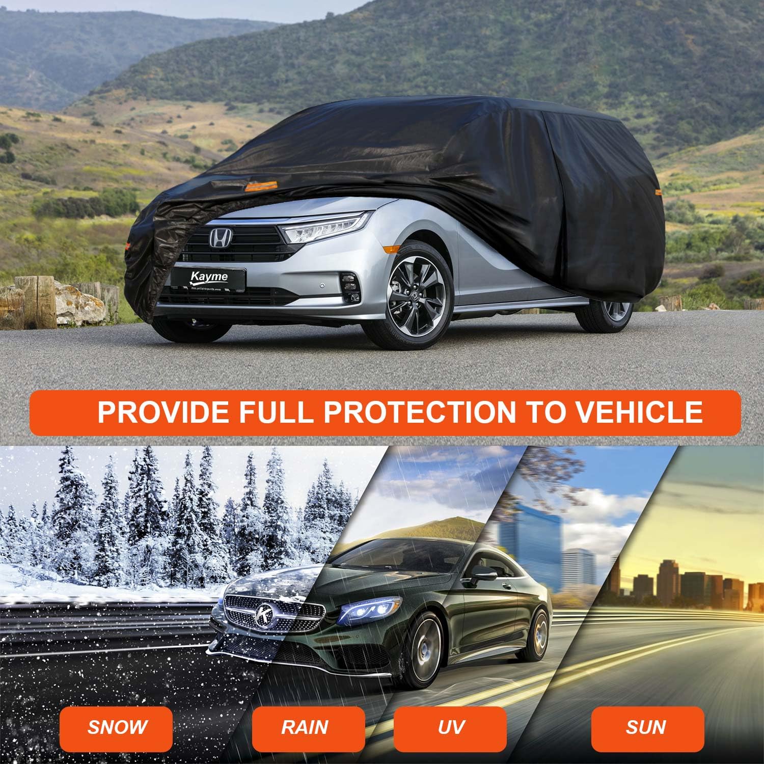Kayme 7 Layers Minivan Car Cover Waterproof All Weather For Automobiles, Outdoor Full Cover With Zipper, Universal Fit For Honda